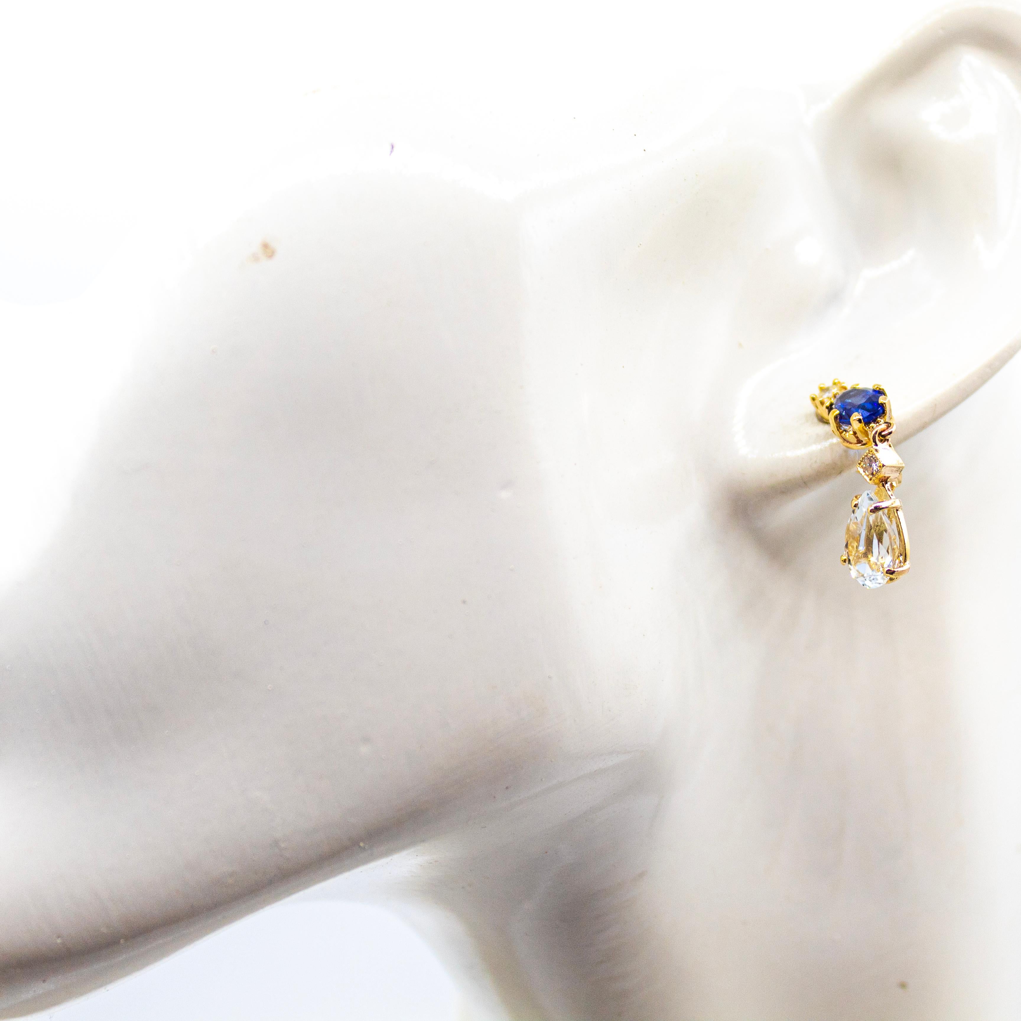 Pendientes de Oro Amarillo Estilo Art Nouveau Diamante Blanco Zafiro Azul Aguamarina en venta 2