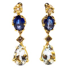 Art Nouveau Style White Diamond Blue Sapphire Aquamarine Yellow Gold Earrings