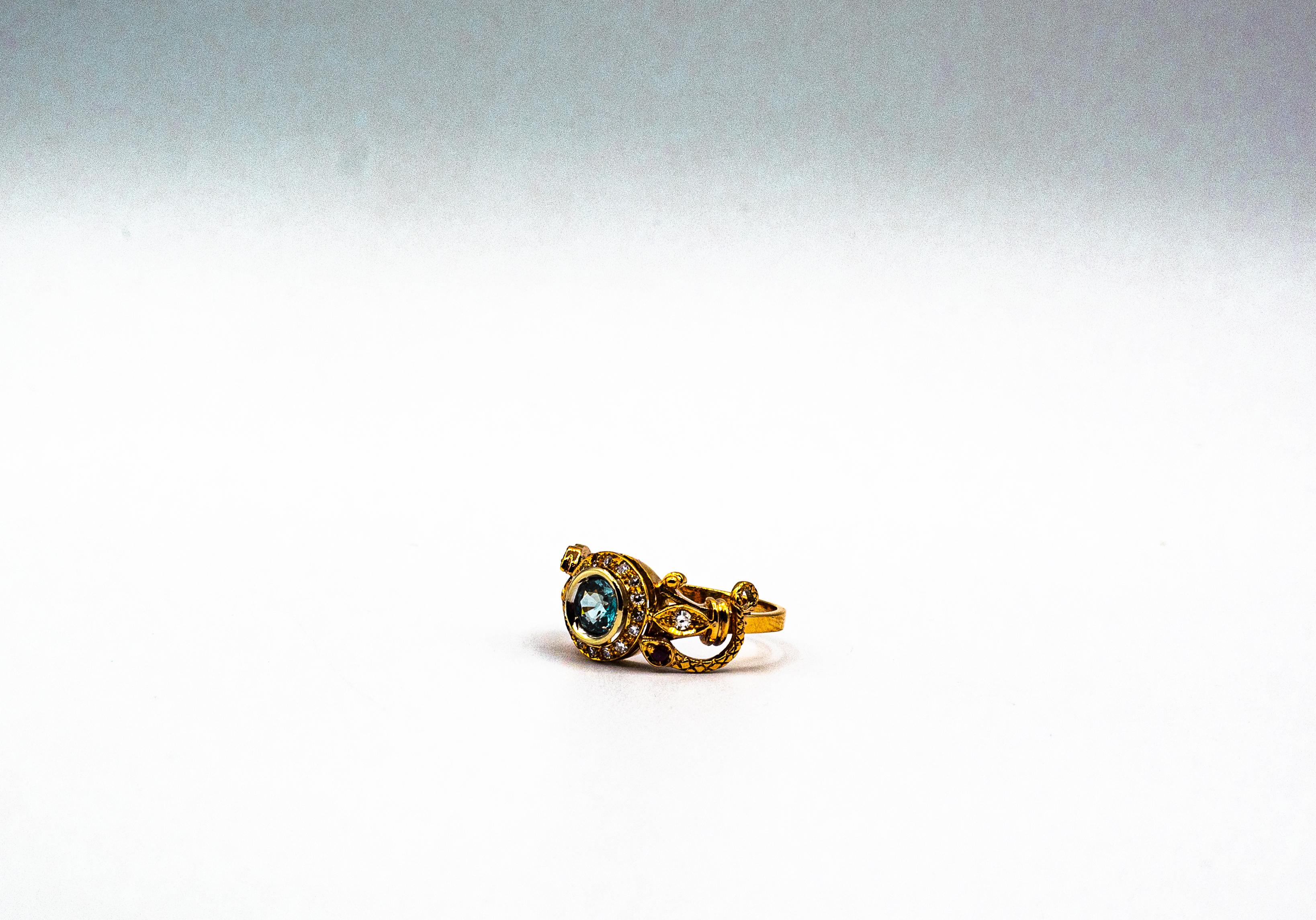 Art Nouveau Style White Diamond Blue Sapphire Ruby Yellow Gold Cocktail Ring For Sale 6
