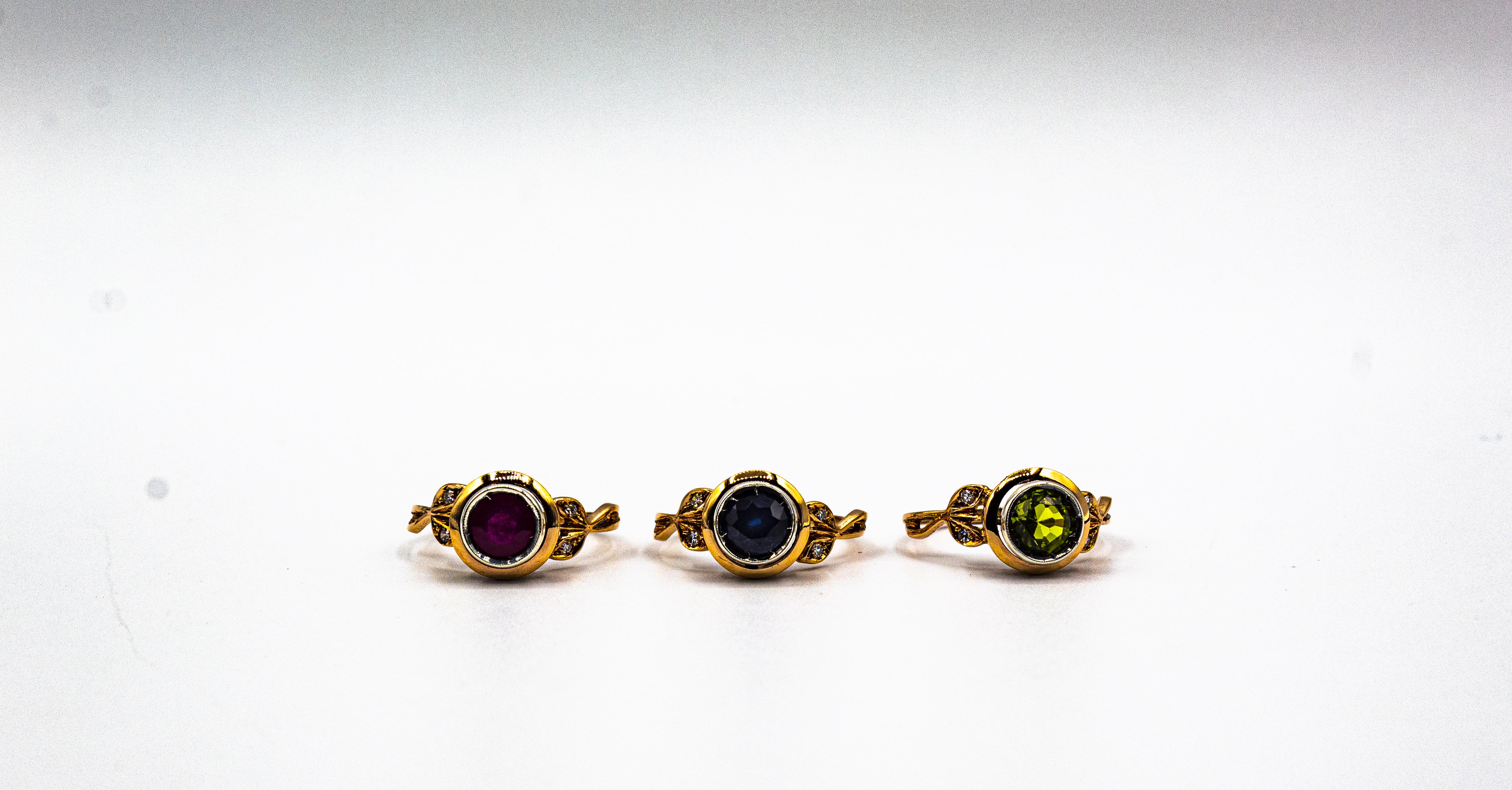 Bague de cocktail en or jaune, diamant blanc, saphir bleu et rubis, de style Art Nouveau en vente 11