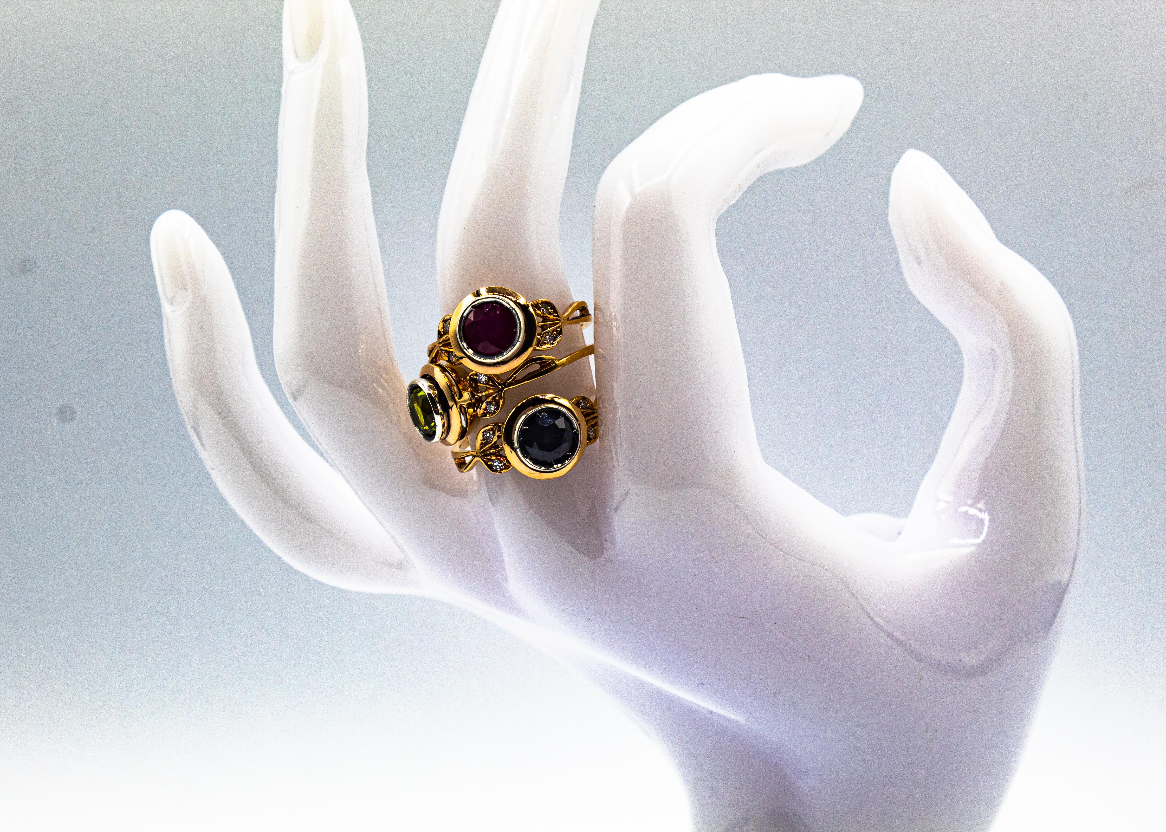 Bague de cocktail en or jaune, diamant blanc, saphir bleu et rubis, de style Art Nouveau en vente 14