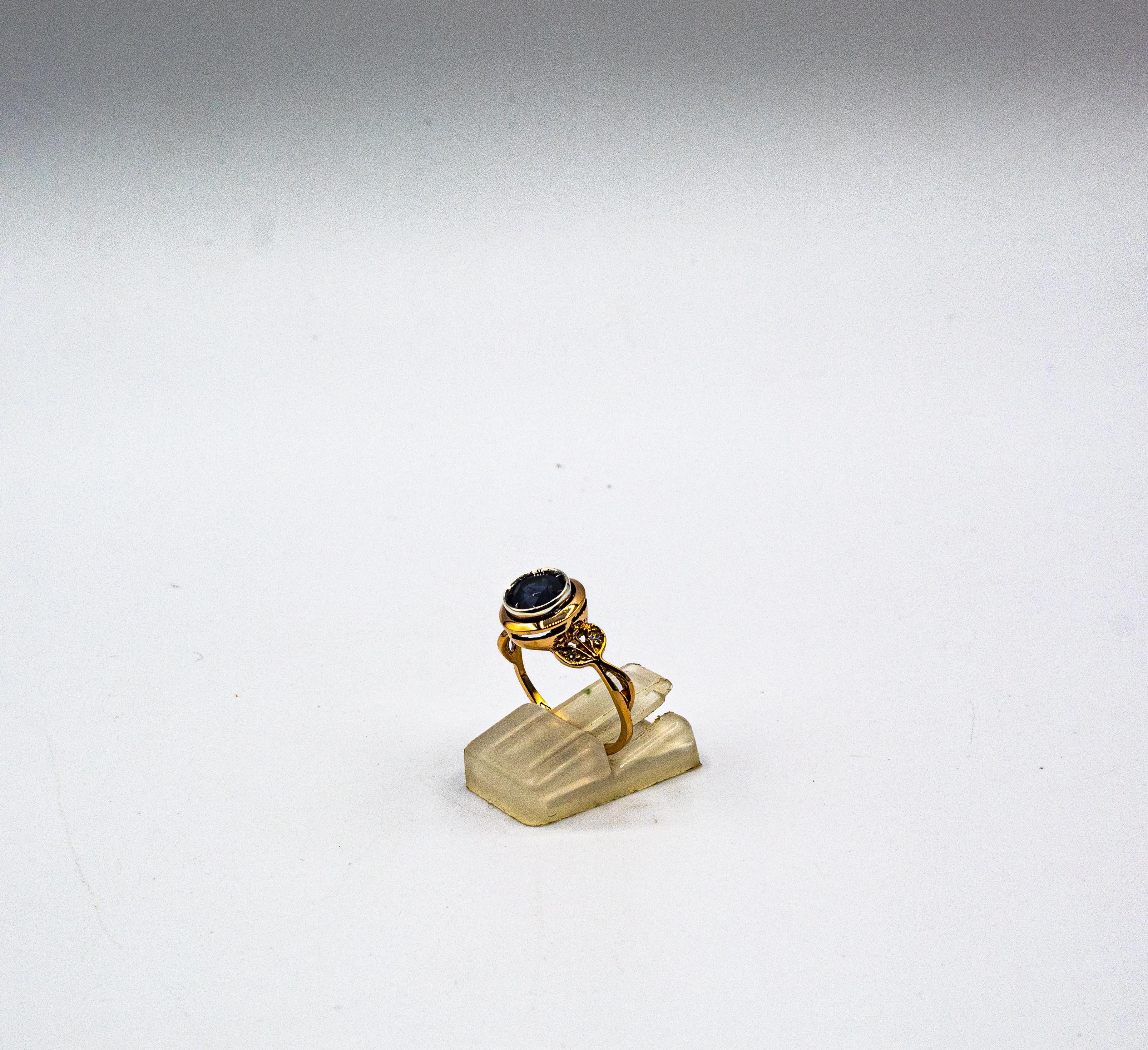 Art déco Bague de cocktail en or jaune, diamant blanc, saphir bleu et rubis, de style Art Nouveau en vente