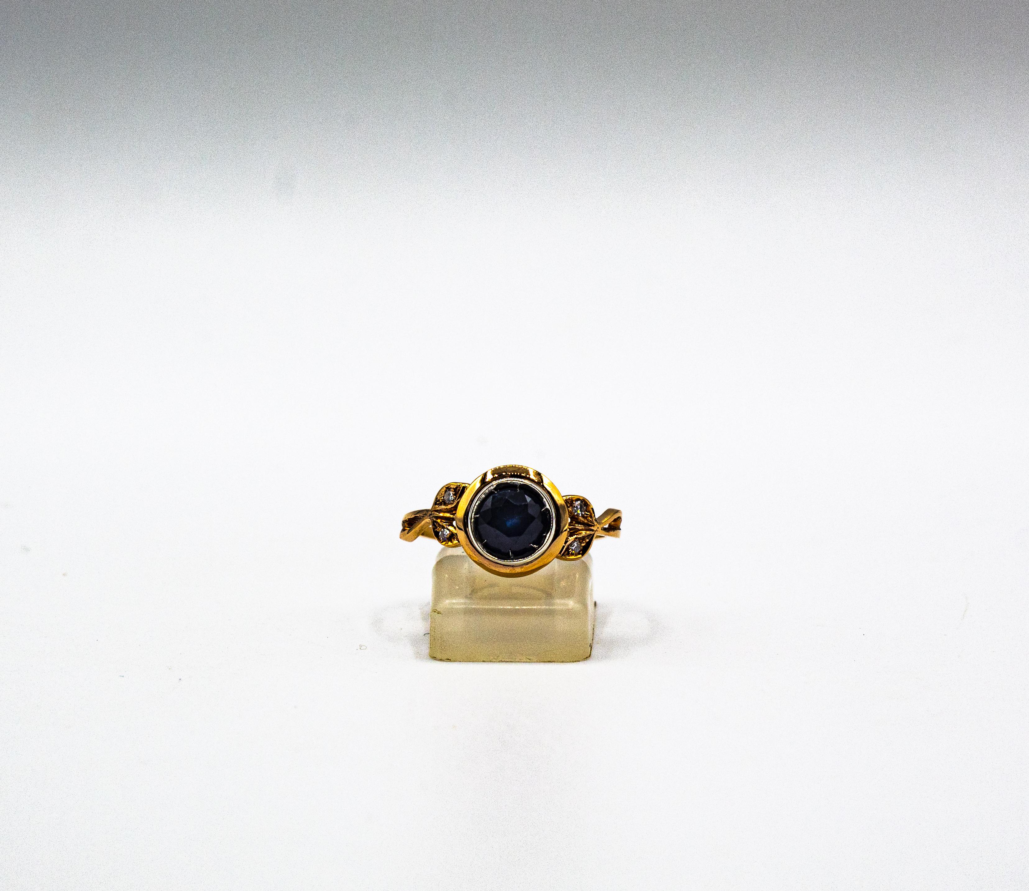 Women's or Men's Art Nouveau Style White Diamond Blue Sapphire Ruby Yellow Gold Cocktail Ring