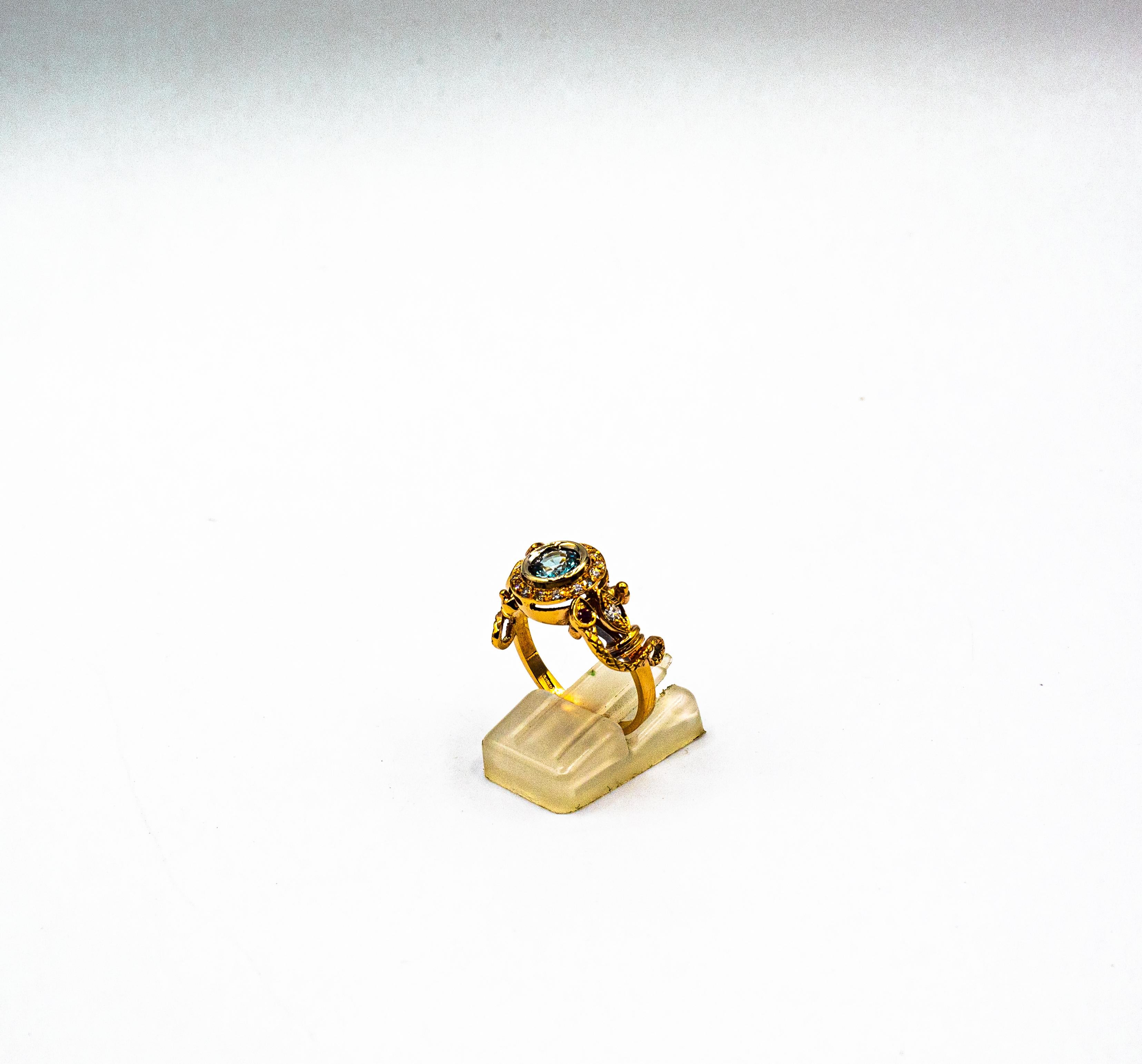 Women's or Men's Art Nouveau Style White Diamond Blue Sapphire Ruby Yellow Gold Cocktail Ring