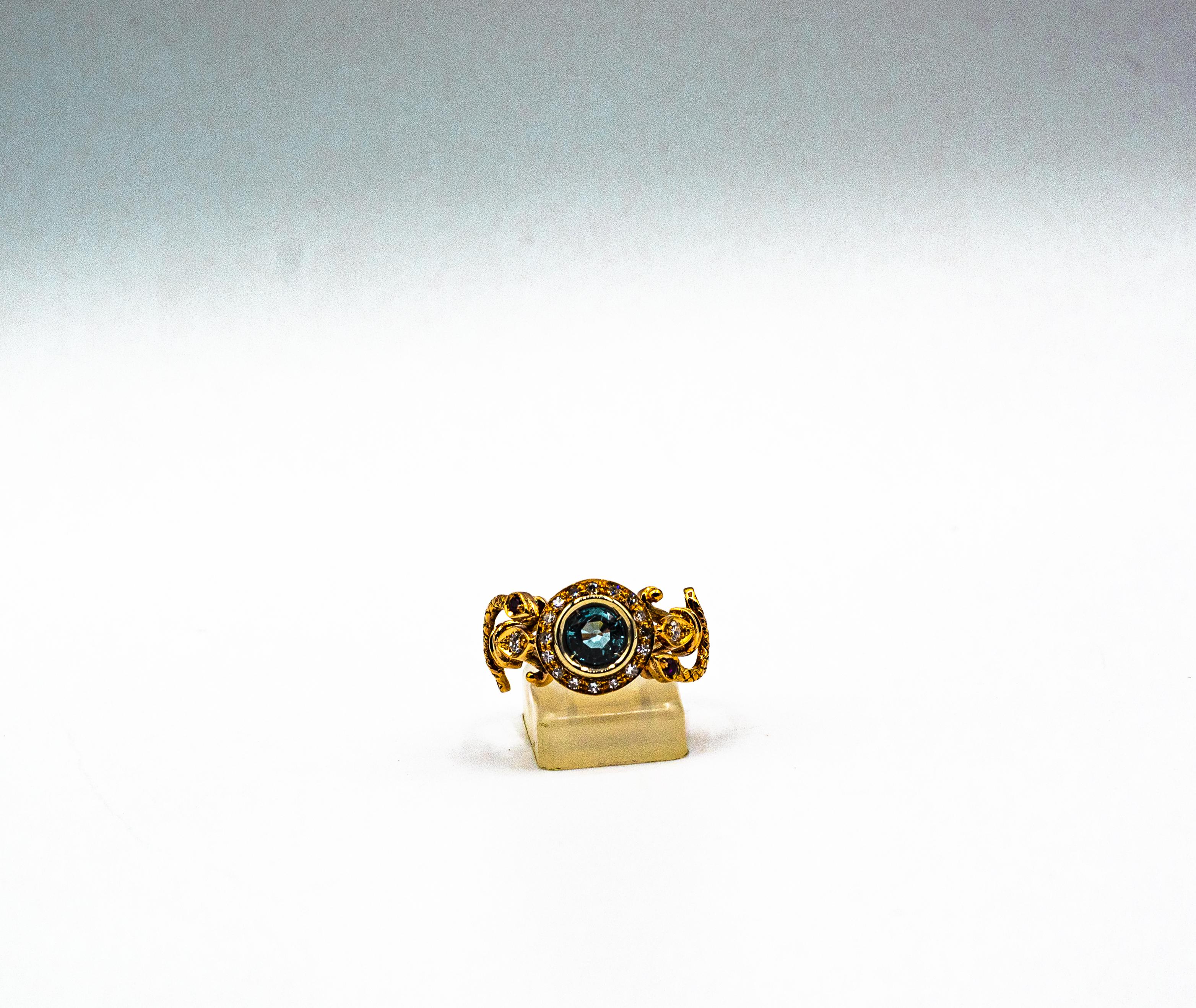Art Nouveau Style White Diamond Blue Sapphire Ruby Yellow Gold Cocktail Ring For Sale 1