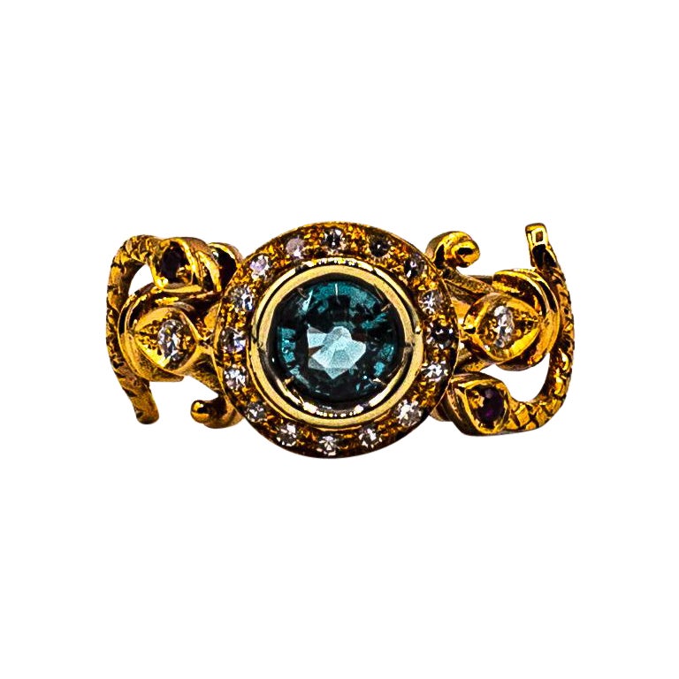 Art Nouveau Style White Diamond Blue Sapphire Ruby Yellow Gold Cocktail Ring For Sale