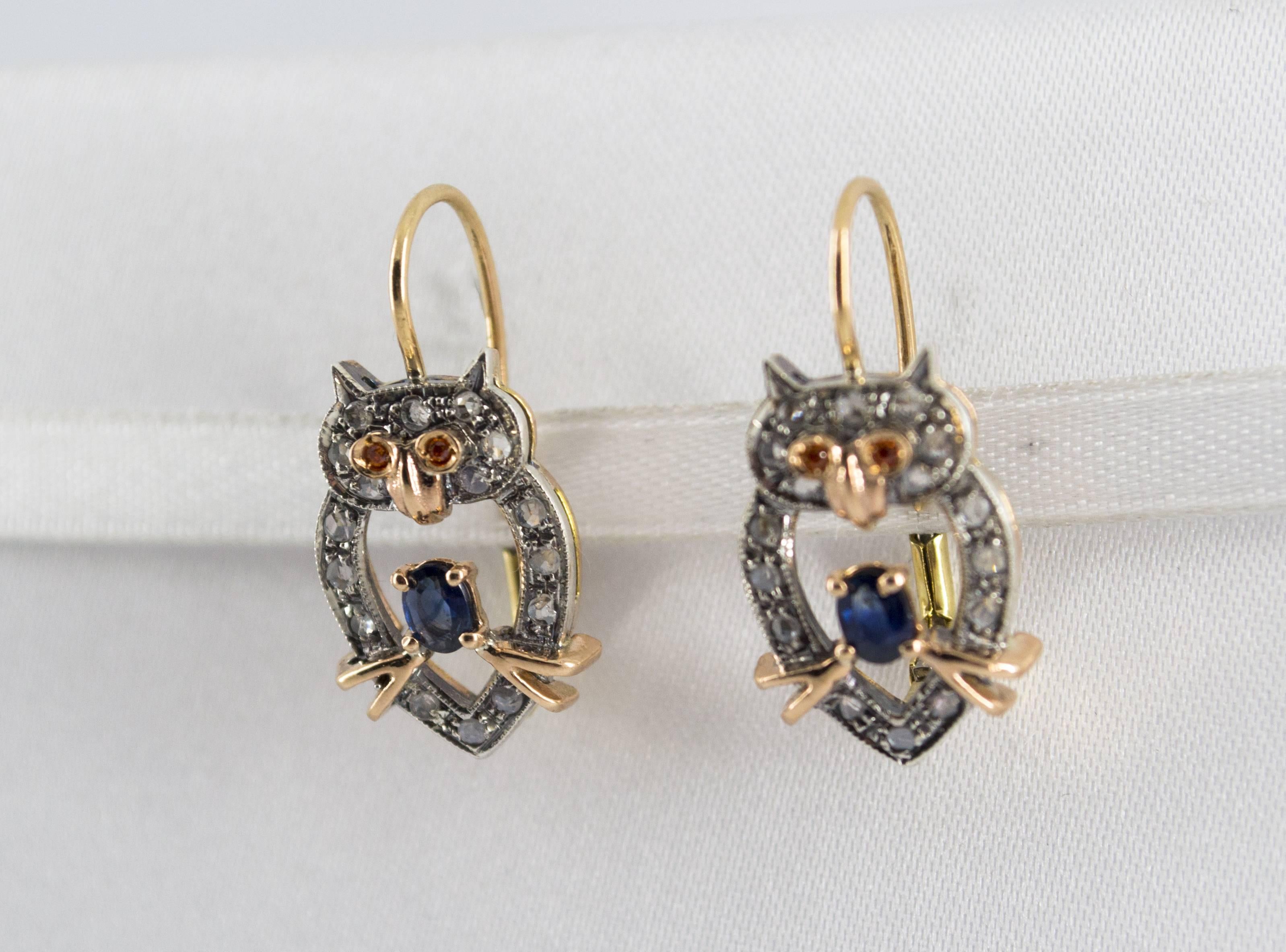 Ohrhänger „ Eulen“ im Jugendstil, weißer Diamant, blauer Saphir, Gelbgold (Art nouveau) im Angebot