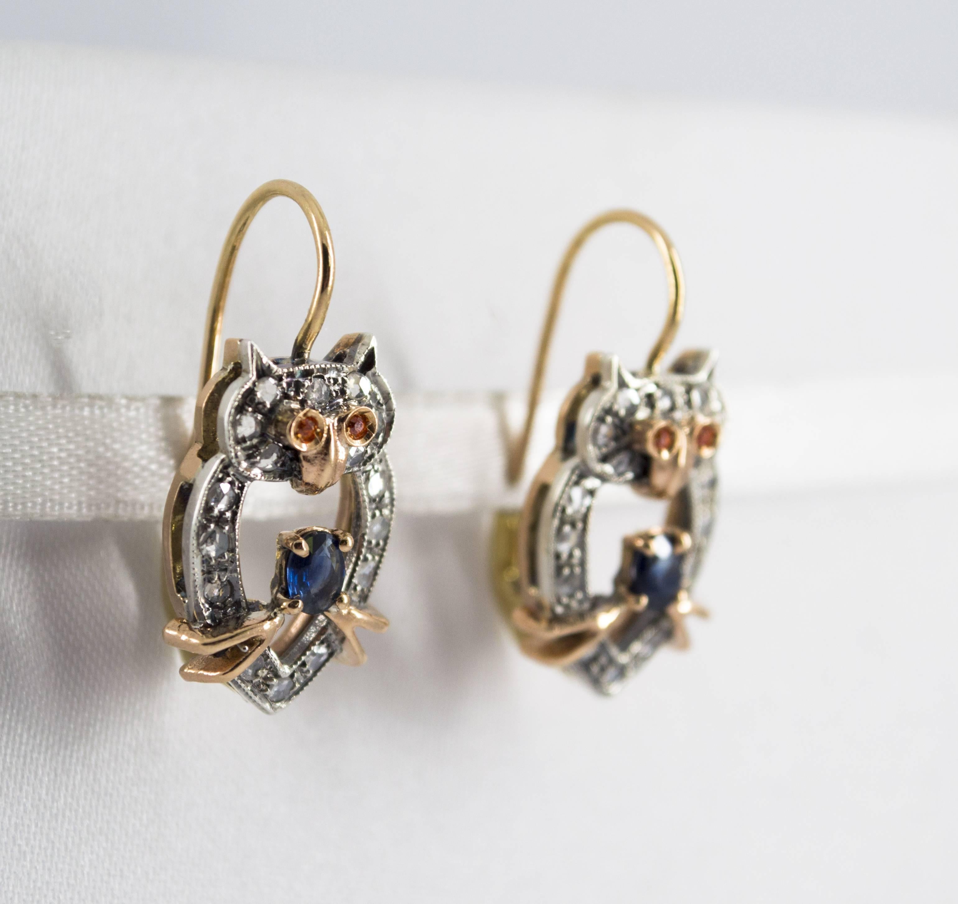 Rose Cut Art Nouveau Style White Diamond Blue Sapphire Yellow Gold Dangle 