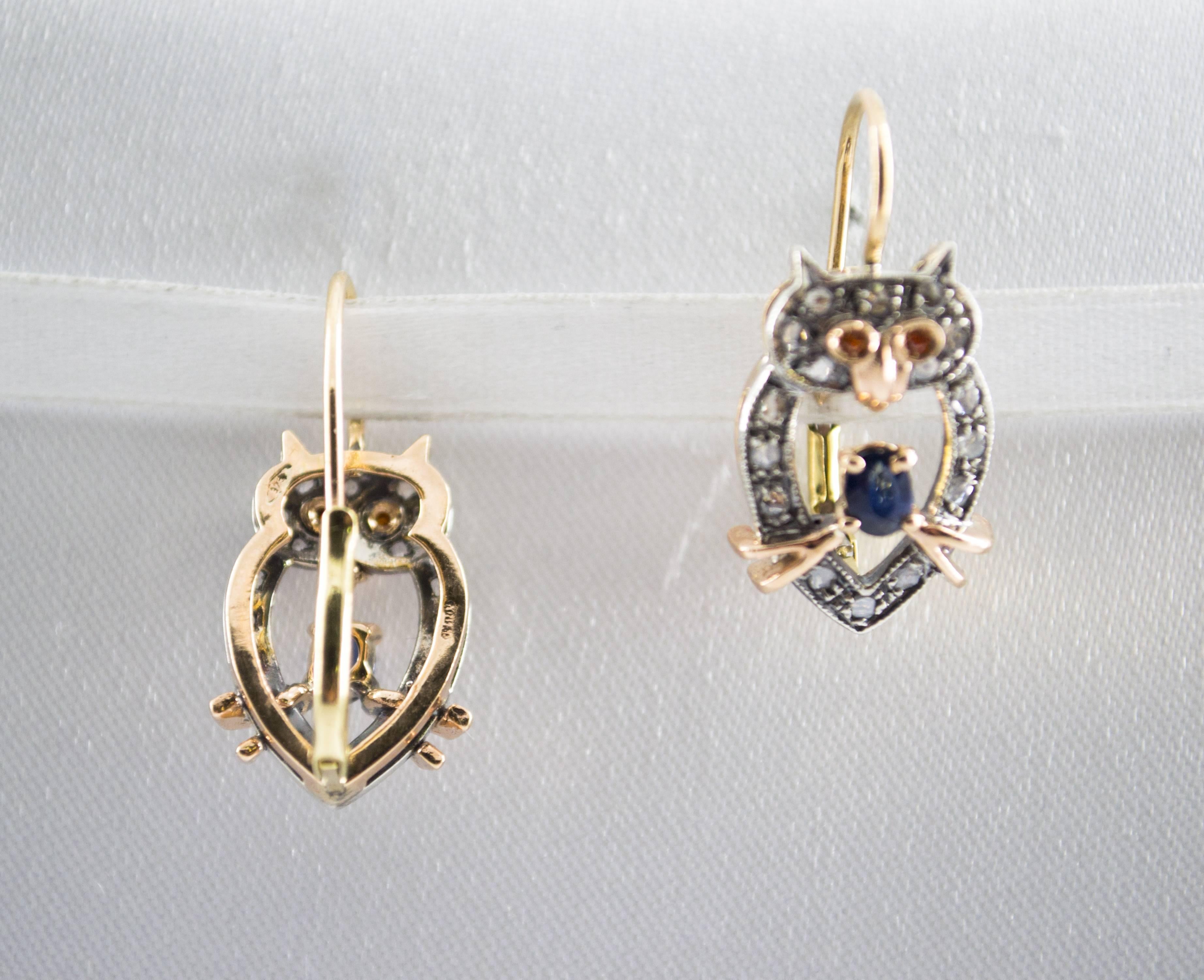 Ohrhänger „ Eulen“ im Jugendstil, weißer Diamant, blauer Saphir, Gelbgold im Zustand „Neu“ im Angebot in Naples, IT