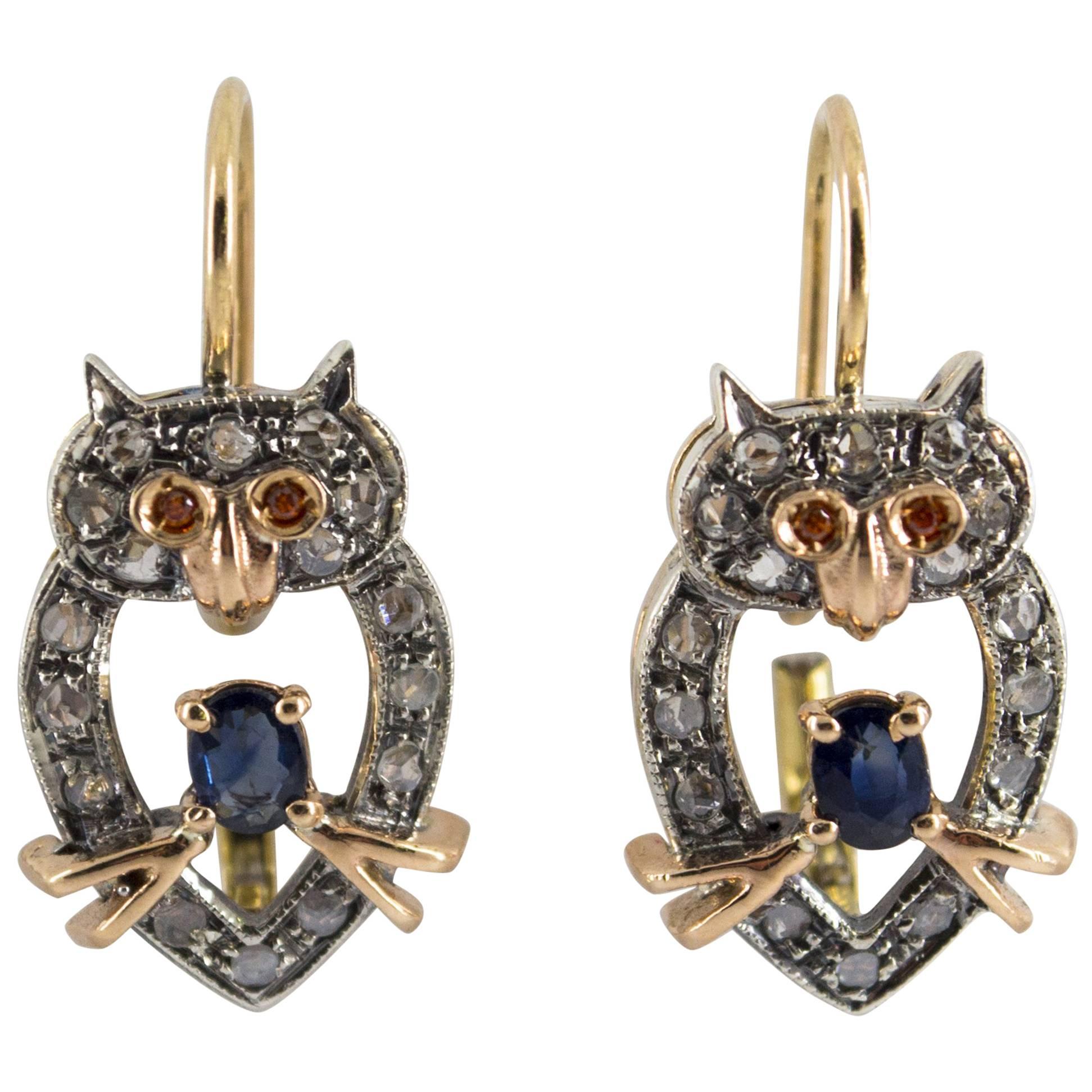 Art Nouveau Style White Diamond Blue Sapphire Yellow Gold Dangle "Owls" Earrings