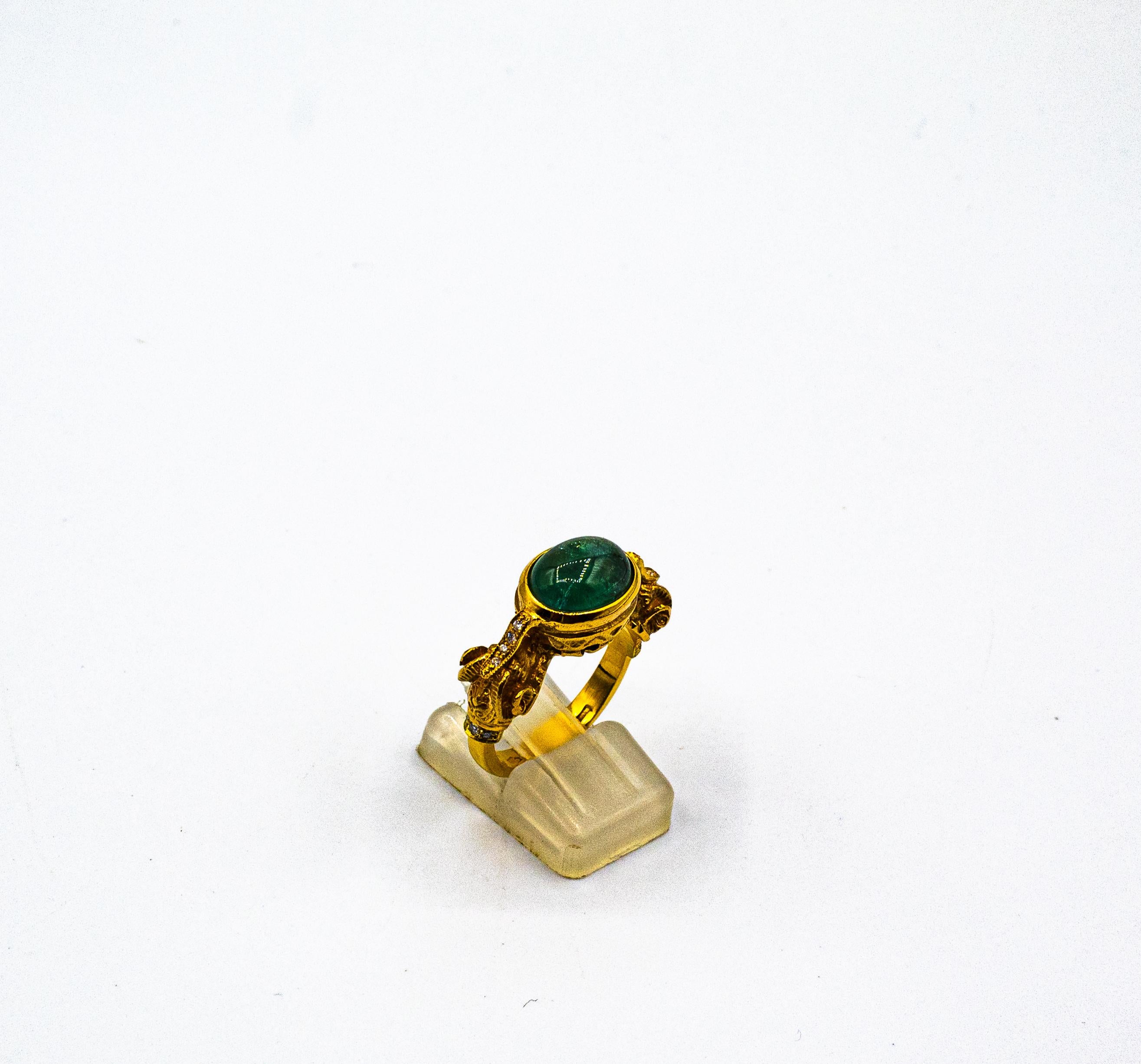 Art Nouveau Style White Diamond Cabochon Cut Emerald Yellow Gold Cocktail Ring For Sale 5