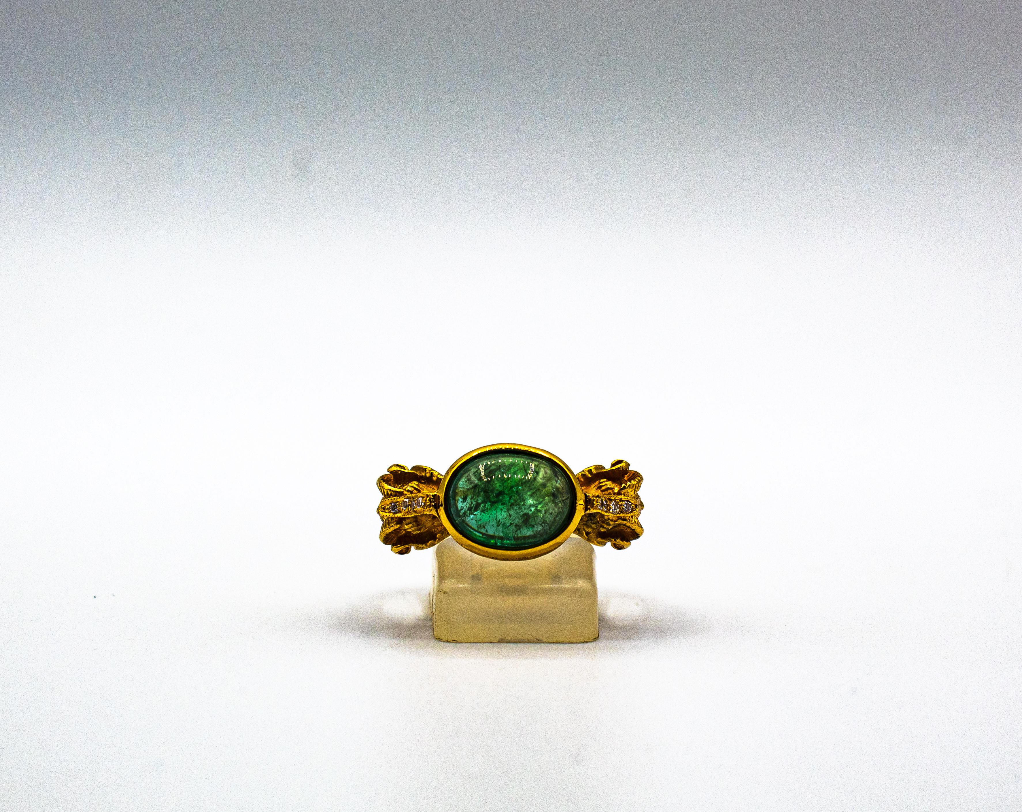 Art Nouveau Style White Diamond Cabochon Cut Emerald Yellow Gold Cocktail Ring For Sale 6