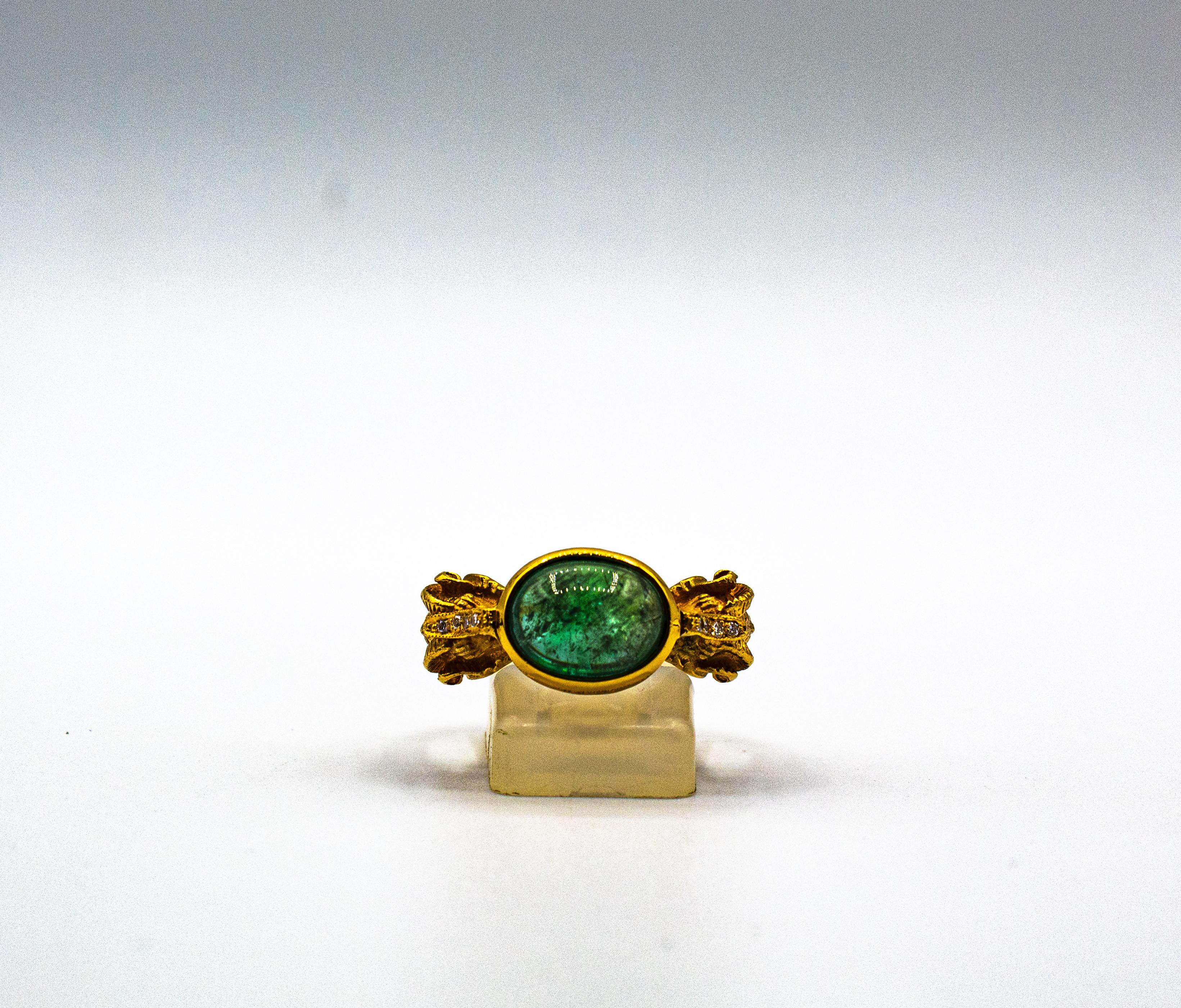Art Nouveau Style White Diamond Cabochon Cut Emerald Yellow Gold Cocktail Ring For Sale 7