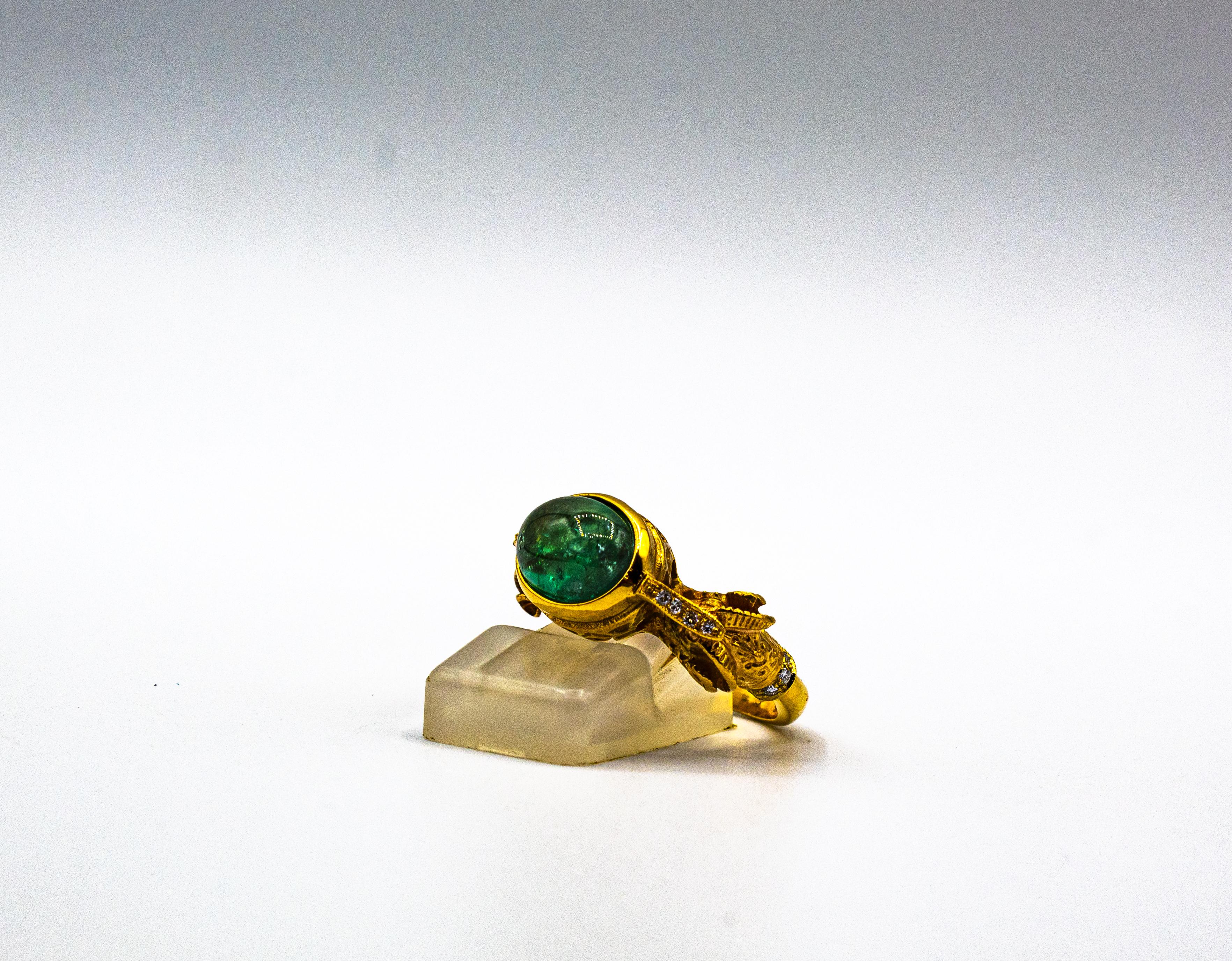 Art Nouveau Style White Diamond Cabochon Cut Emerald Yellow Gold Cocktail Ring For Sale 8