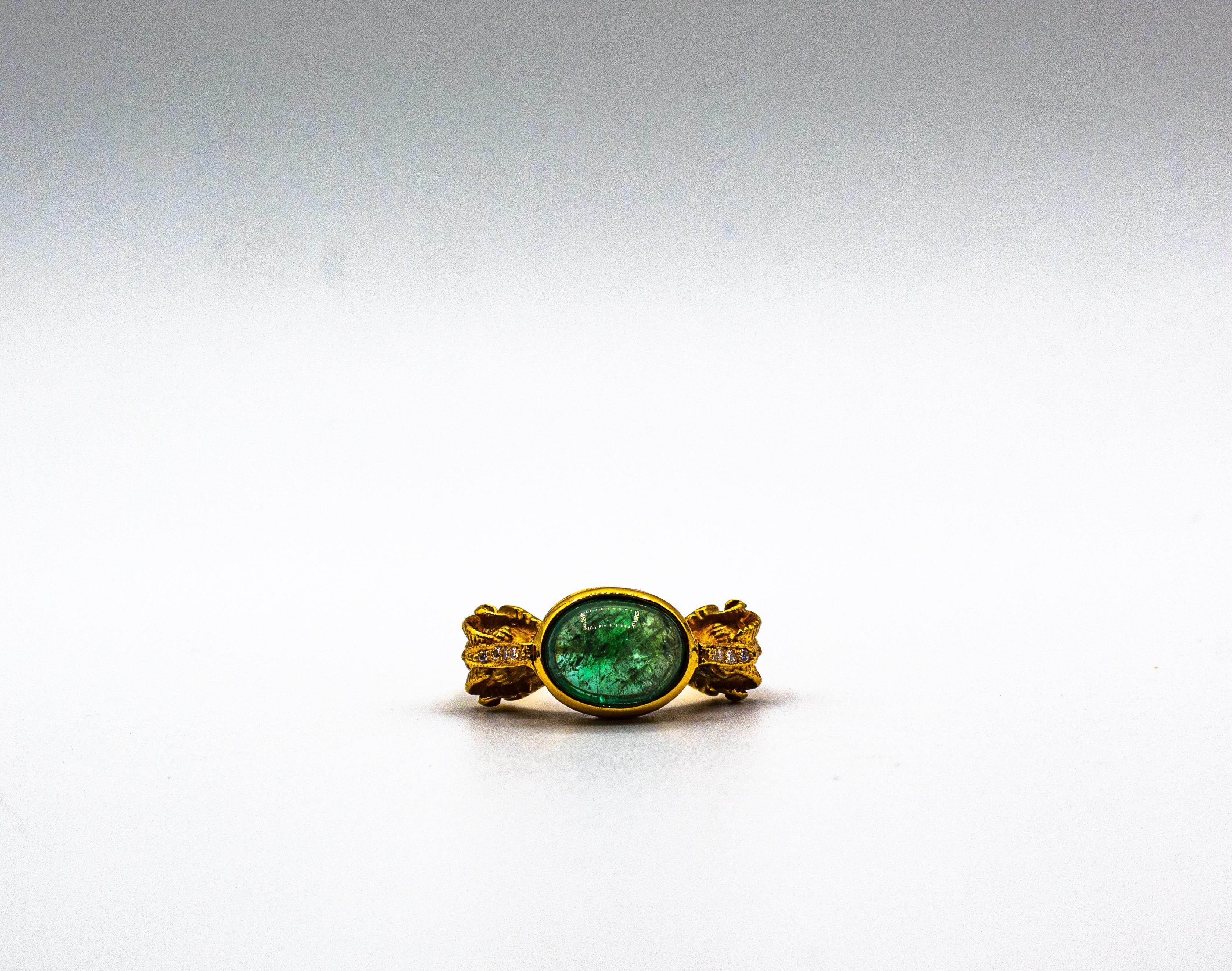 Art Nouveau Style White Diamond Cabochon Cut Emerald Yellow Gold Cocktail Ring 10