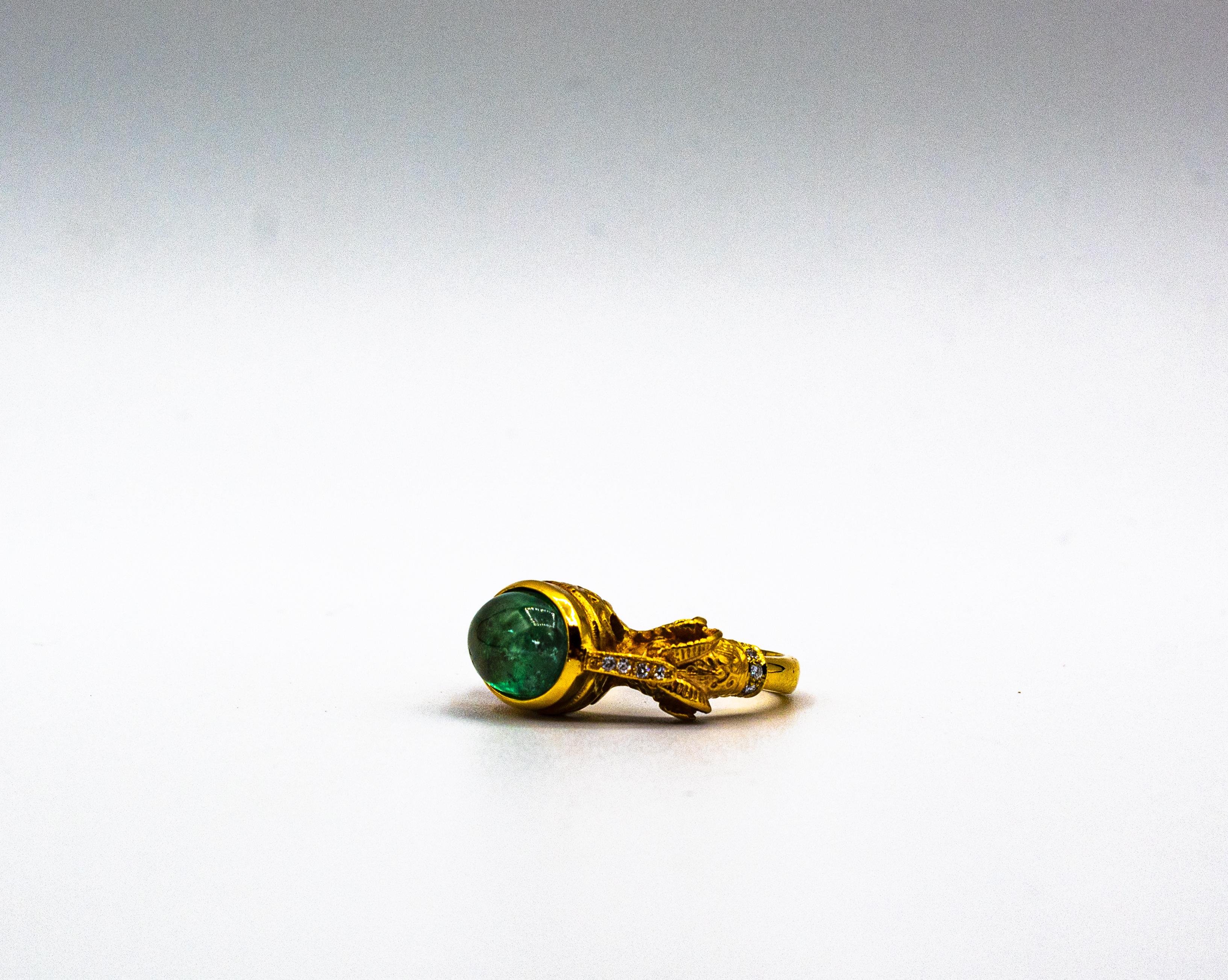 Art Nouveau Style White Diamond Cabochon Cut Emerald Yellow Gold Cocktail Ring For Sale 10