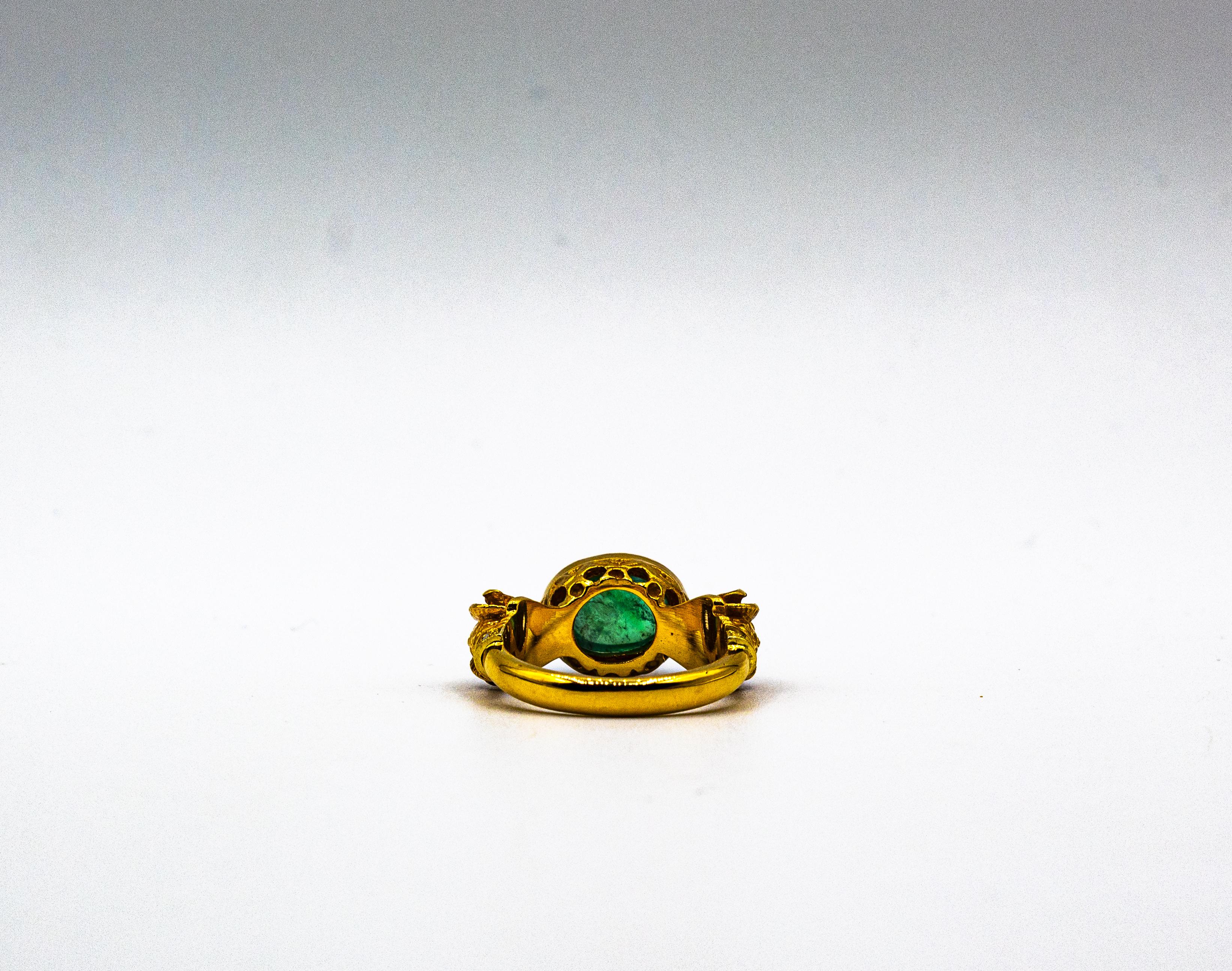Art Nouveau Style White Diamond Cabochon Cut Emerald Yellow Gold Cocktail Ring For Sale 11