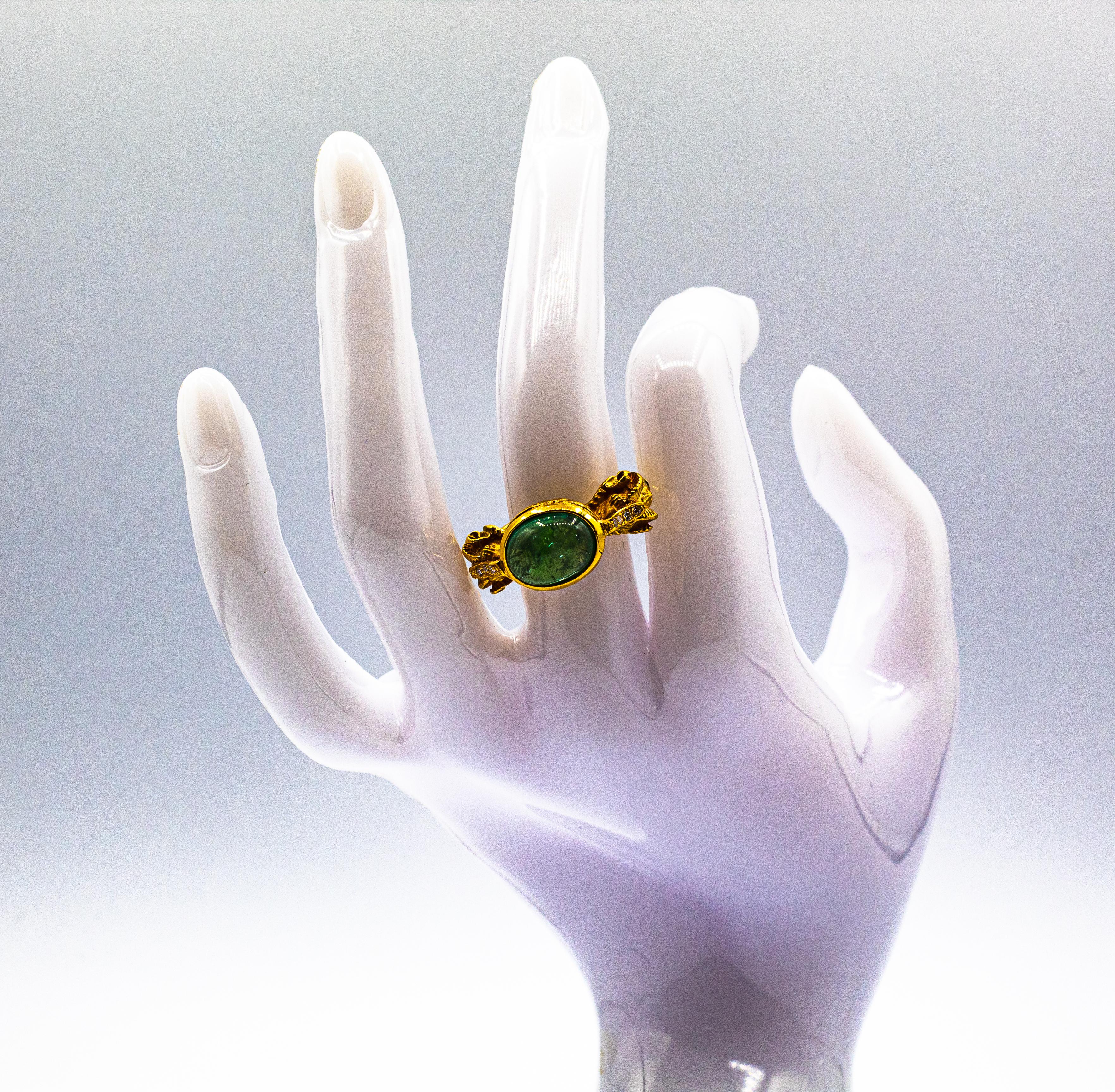 Art Nouveau Style White Diamond Cabochon Cut Emerald Yellow Gold Cocktail Ring For Sale 13