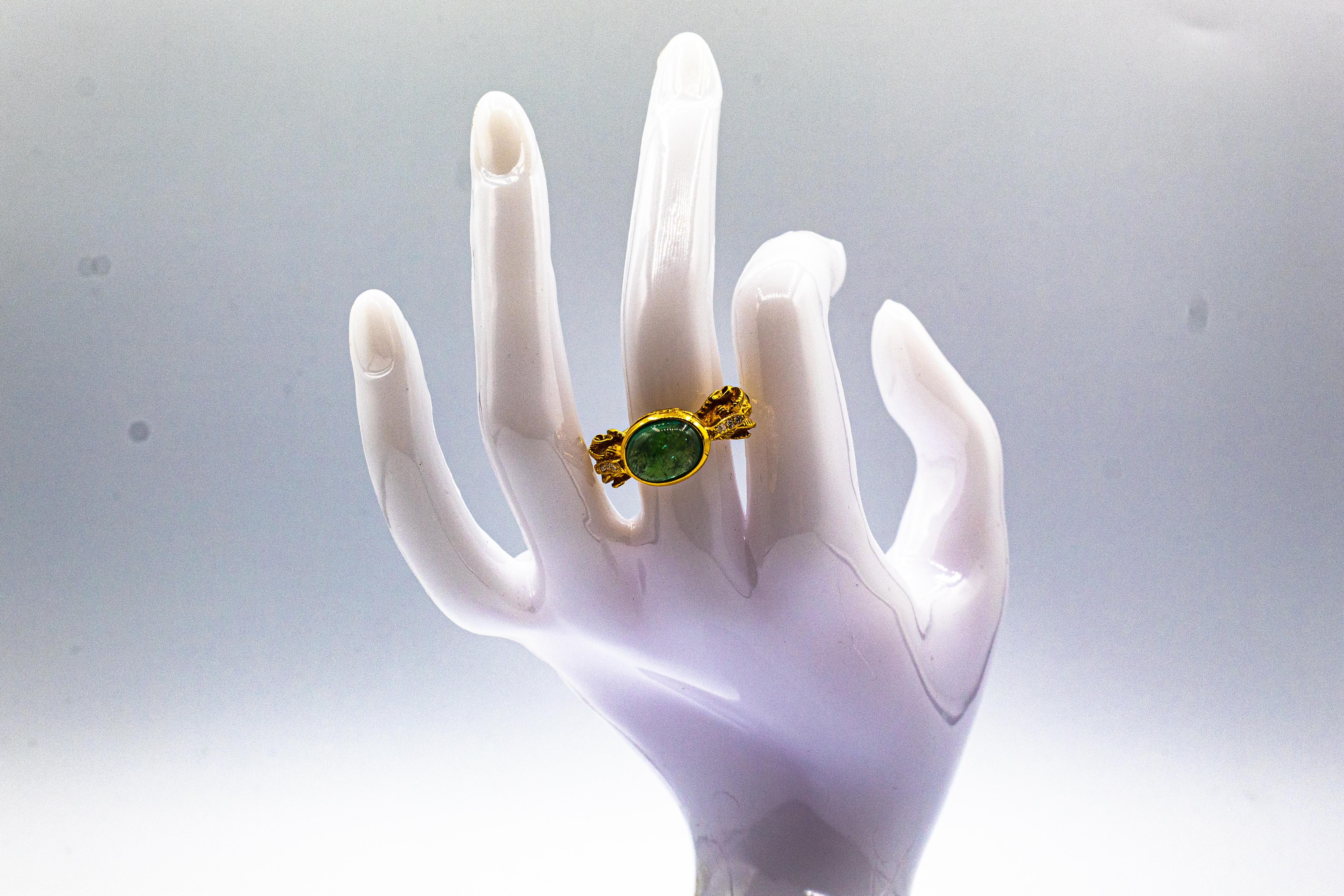Art Nouveau Style White Diamond Cabochon Cut Emerald Yellow Gold Cocktail Ring For Sale 14