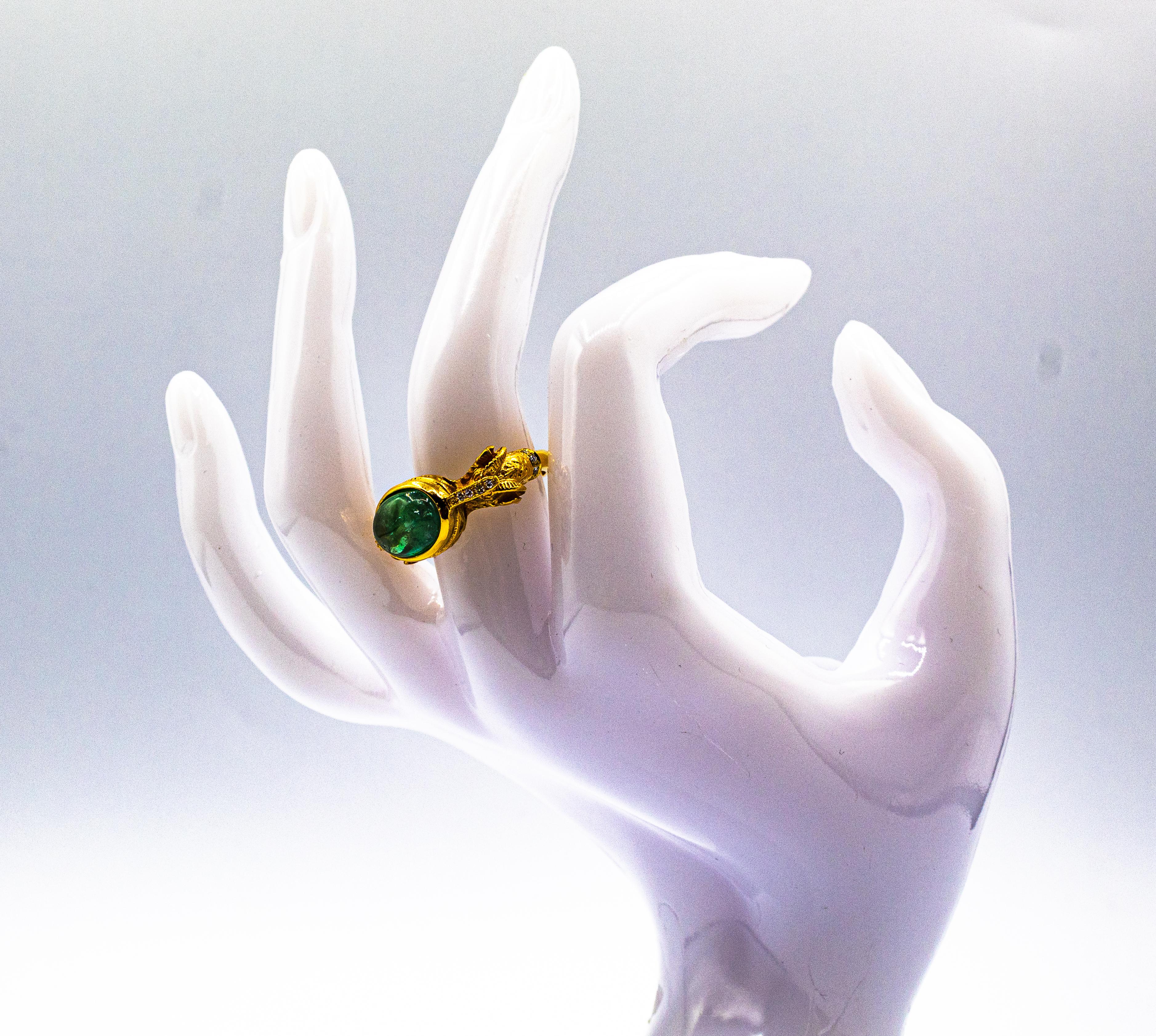 Art Nouveau Style White Diamond Cabochon Cut Emerald Yellow Gold Cocktail Ring For Sale 15