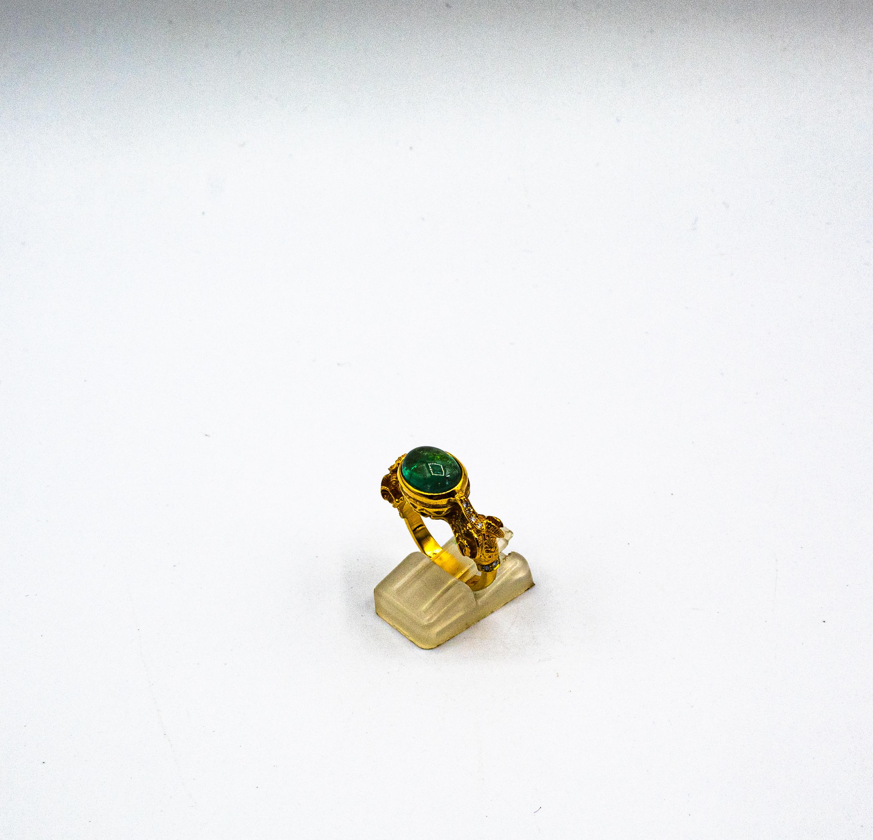 Art Nouveau Style White Diamond Cabochon Cut Emerald Yellow Gold Cocktail Ring In New Condition In Naples, IT