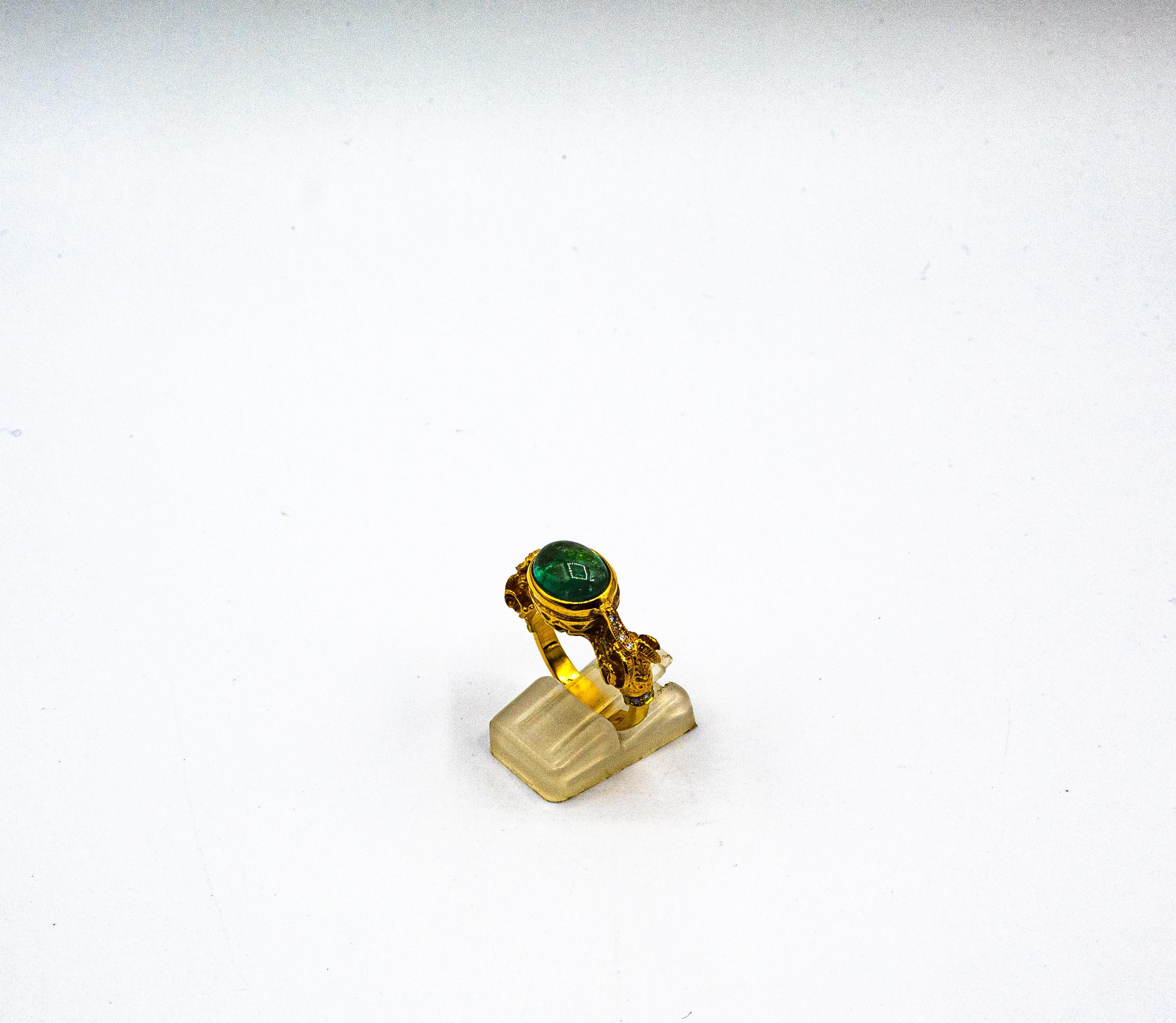 Women's or Men's Art Nouveau Style White Diamond Cabochon Cut Emerald Yellow Gold Cocktail Ring