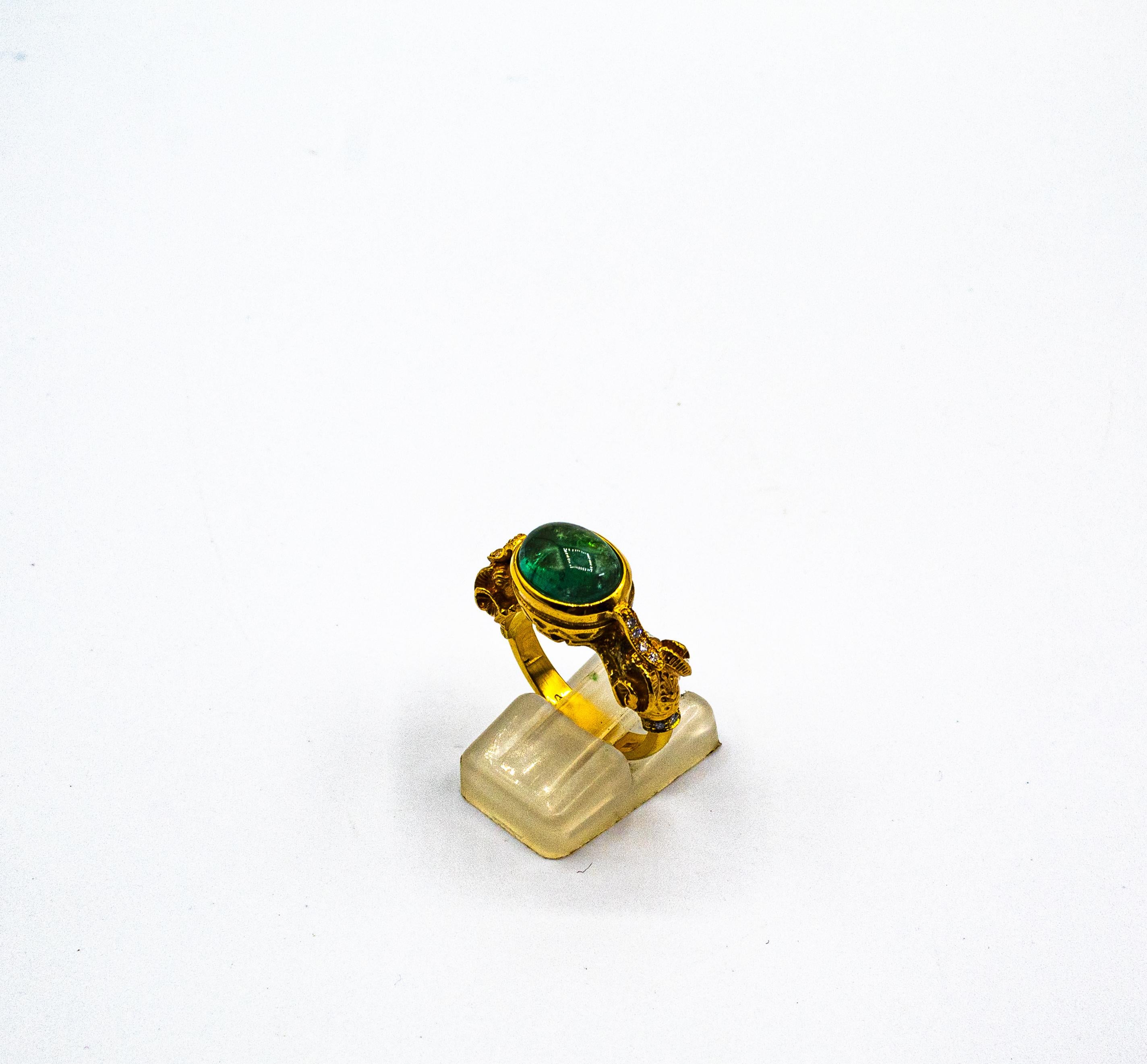 Art Nouveau Style White Diamond Cabochon Cut Emerald Yellow Gold Cocktail Ring 1