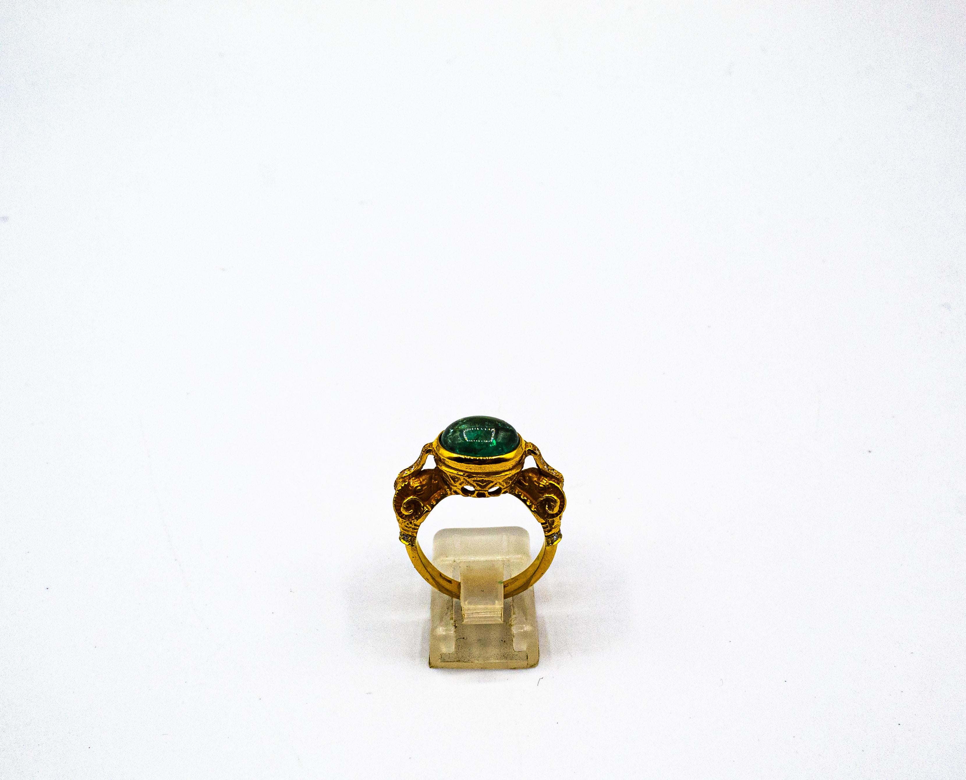 Art Nouveau Style White Diamond Cabochon Cut Emerald Yellow Gold Cocktail Ring 2