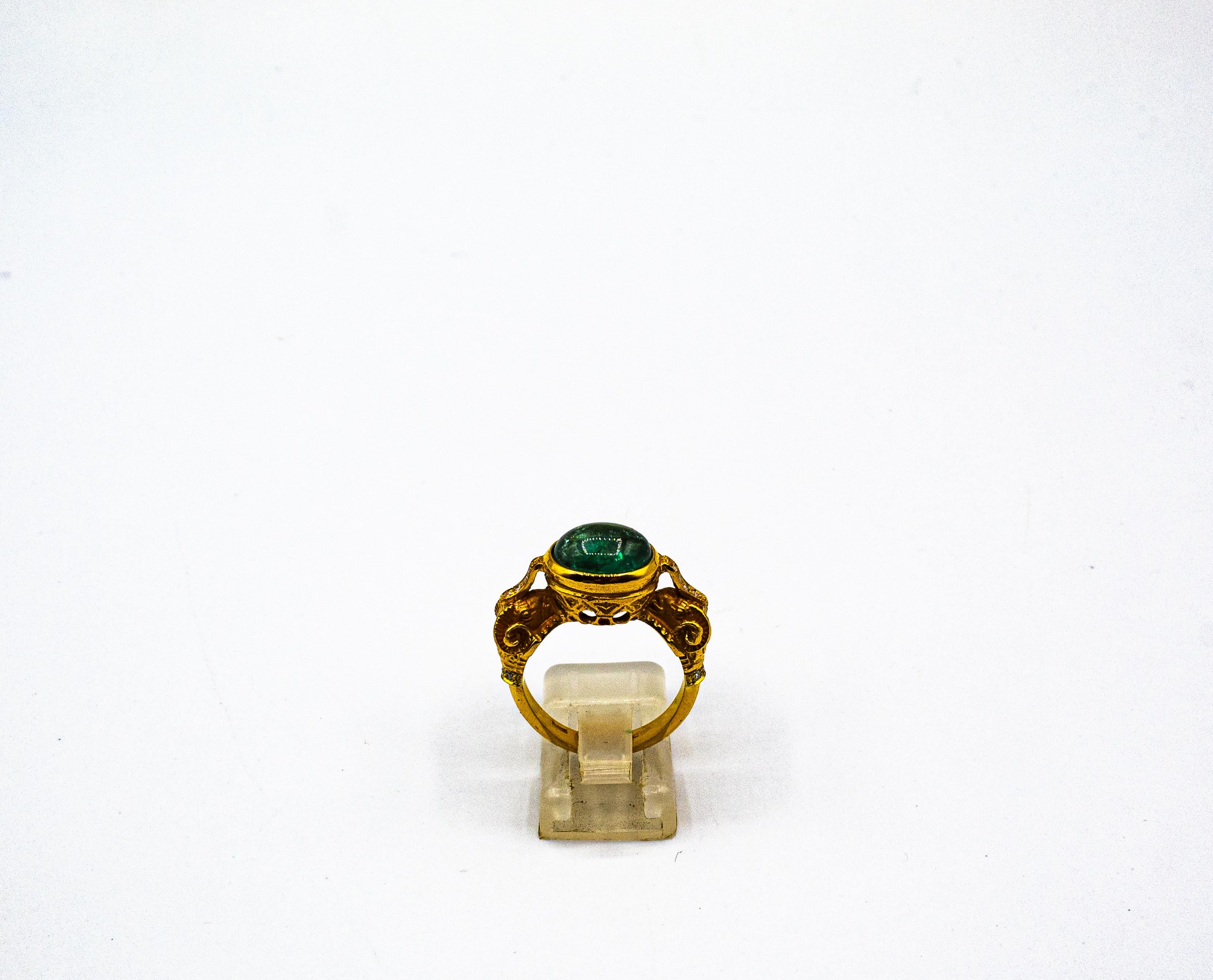 Art Nouveau Style White Diamond Cabochon Cut Emerald Yellow Gold Cocktail Ring For Sale 1
