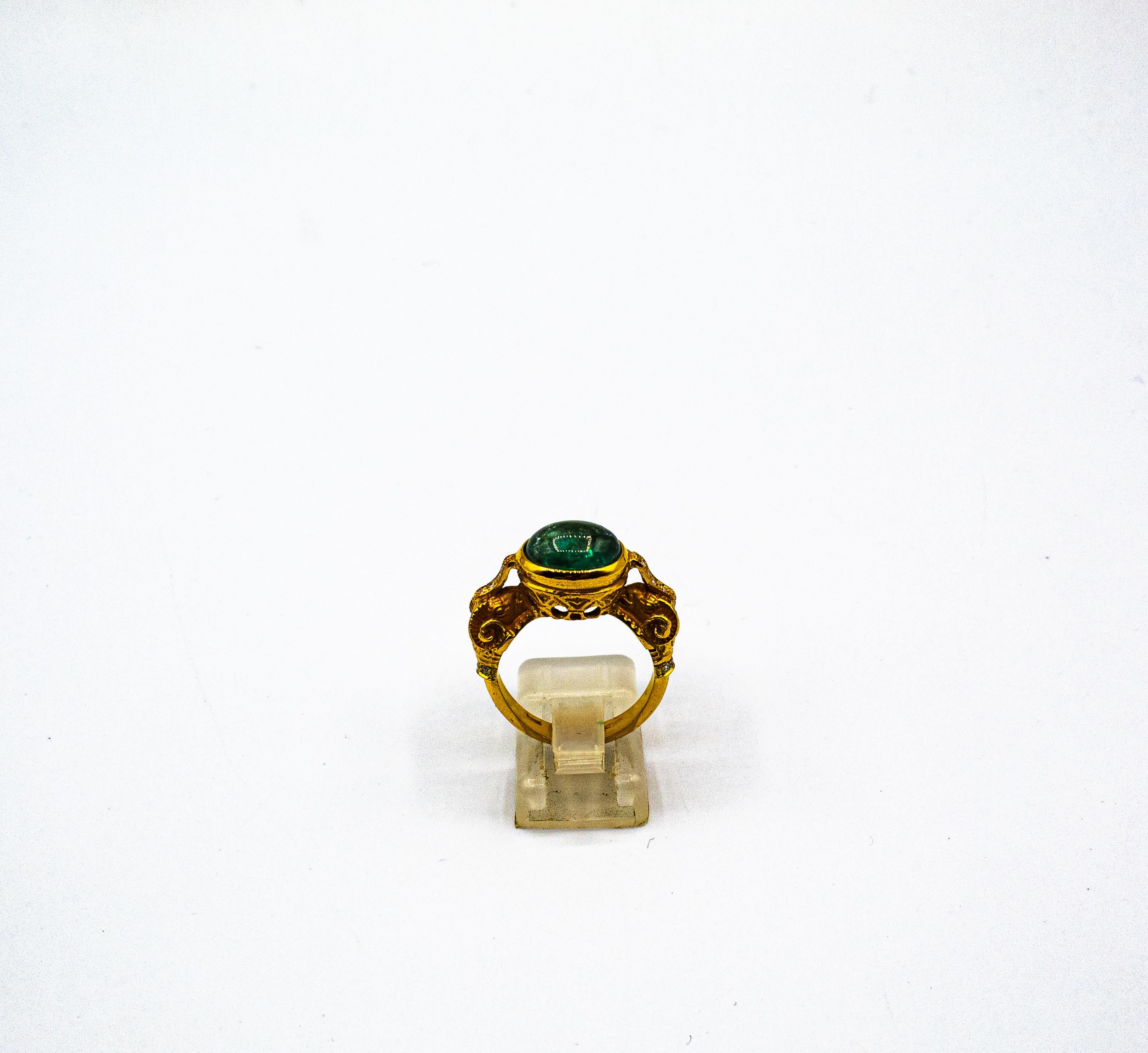 Art Nouveau Style White Diamond Cabochon Cut Emerald Yellow Gold Cocktail Ring For Sale 2