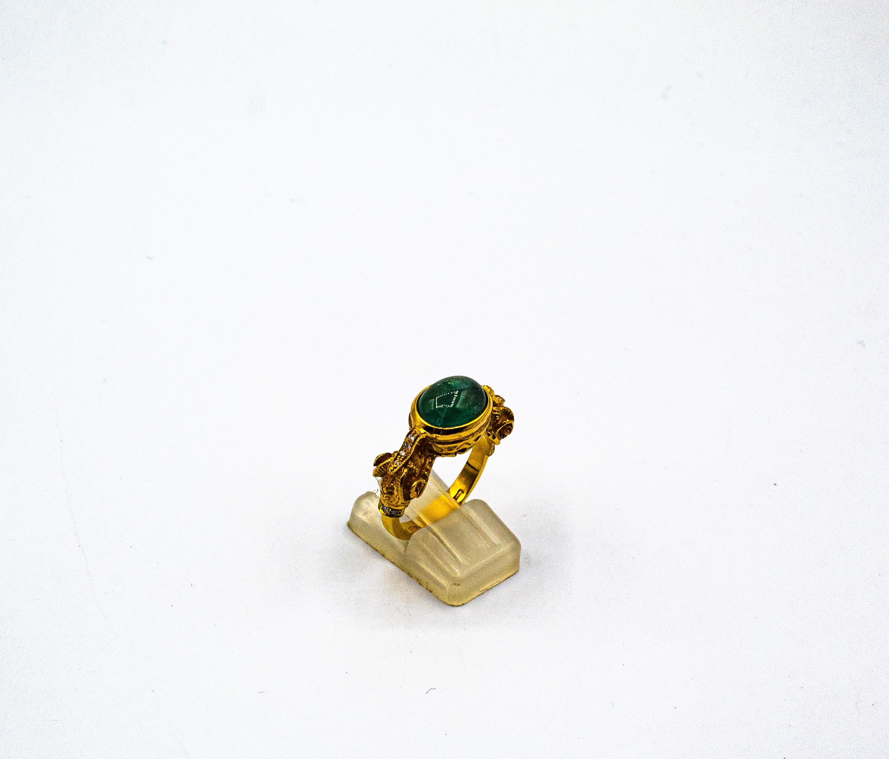 Art Nouveau Style White Diamond Cabochon Cut Emerald Yellow Gold Cocktail Ring For Sale 3