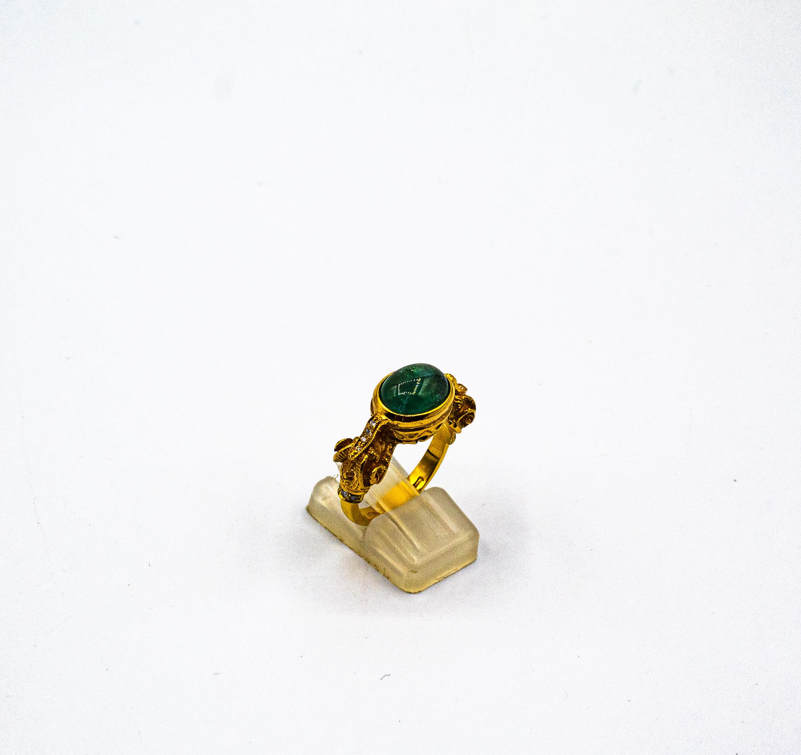 Art Nouveau Style White Diamond Cabochon Cut Emerald Yellow Gold Cocktail Ring For Sale 4