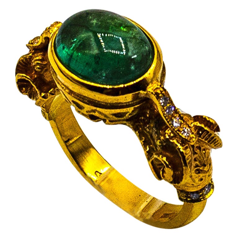 Art Nouveau Style White Diamond Cabochon Cut Emerald Yellow Gold Cocktail Ring For Sale