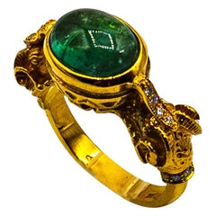 Retro Art Nouveau Style White Diamond Cabochon Cut Emerald Yellow Gold Cocktail Ring