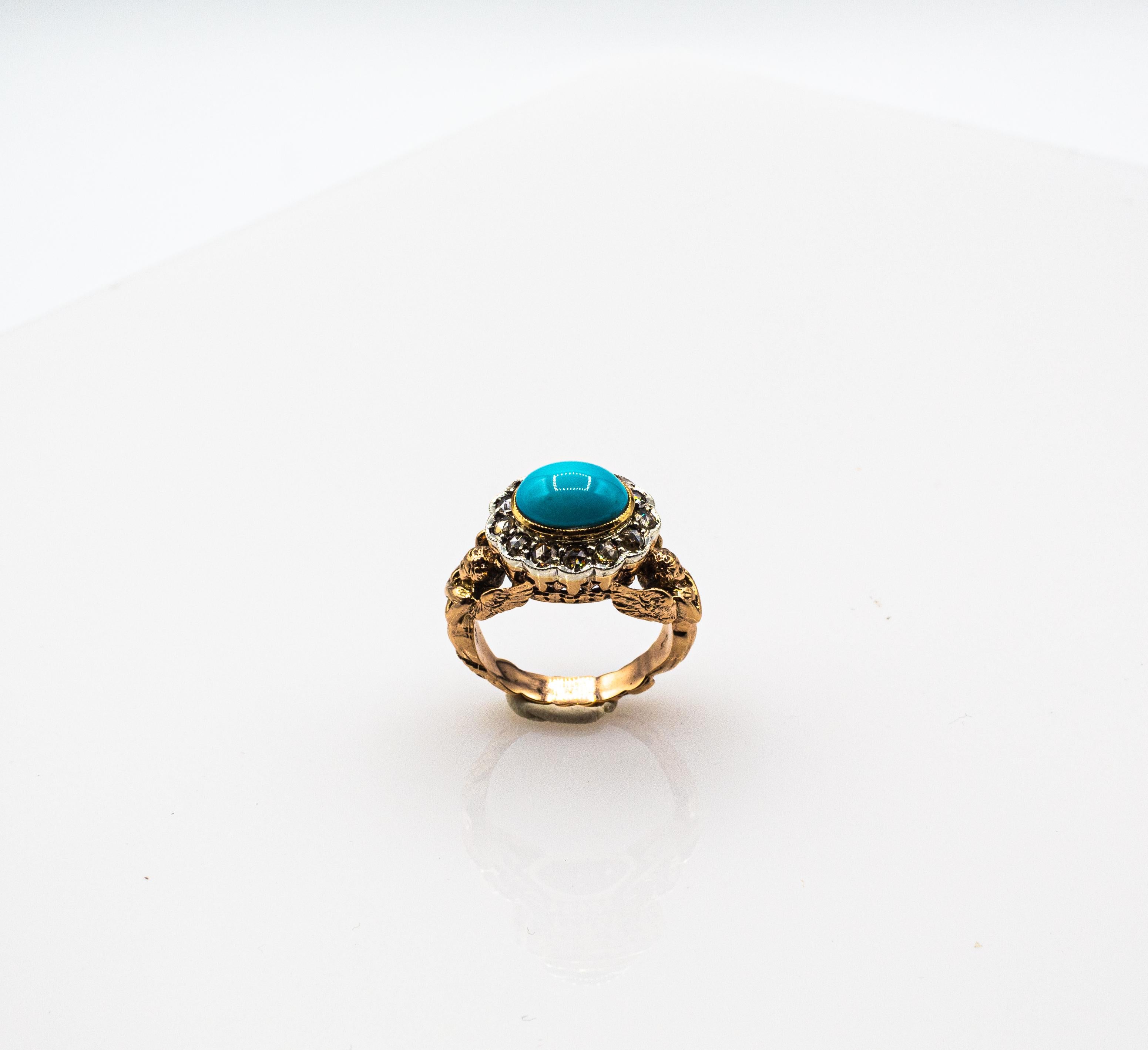 Art Nouveau Style White Diamond Cabochon Cut Turquoise Yellow Gold Cocktail Ring For Sale 5