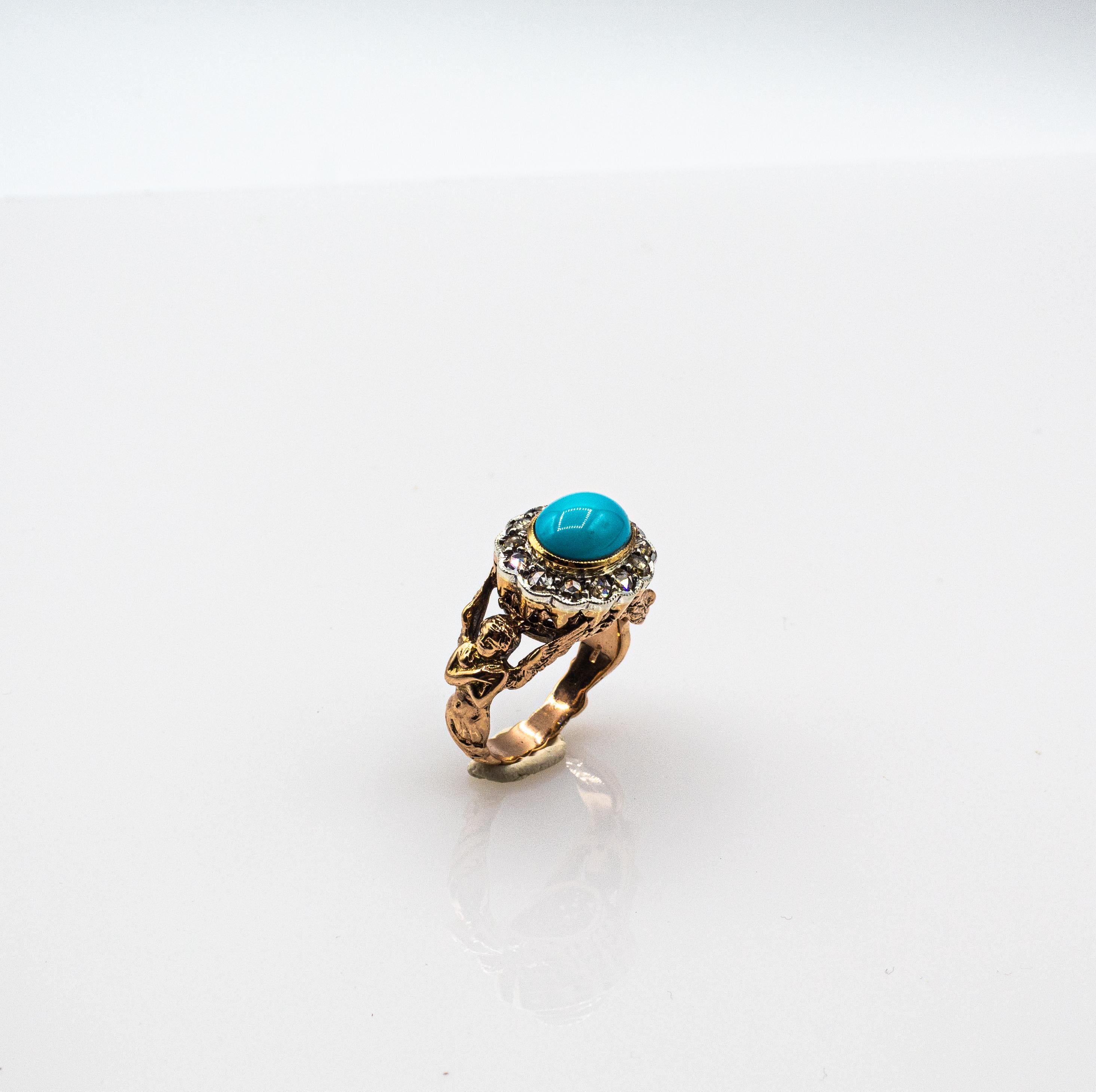 Art Nouveau Style White Diamond Cabochon Cut Turquoise Yellow Gold Cocktail Ring For Sale 6