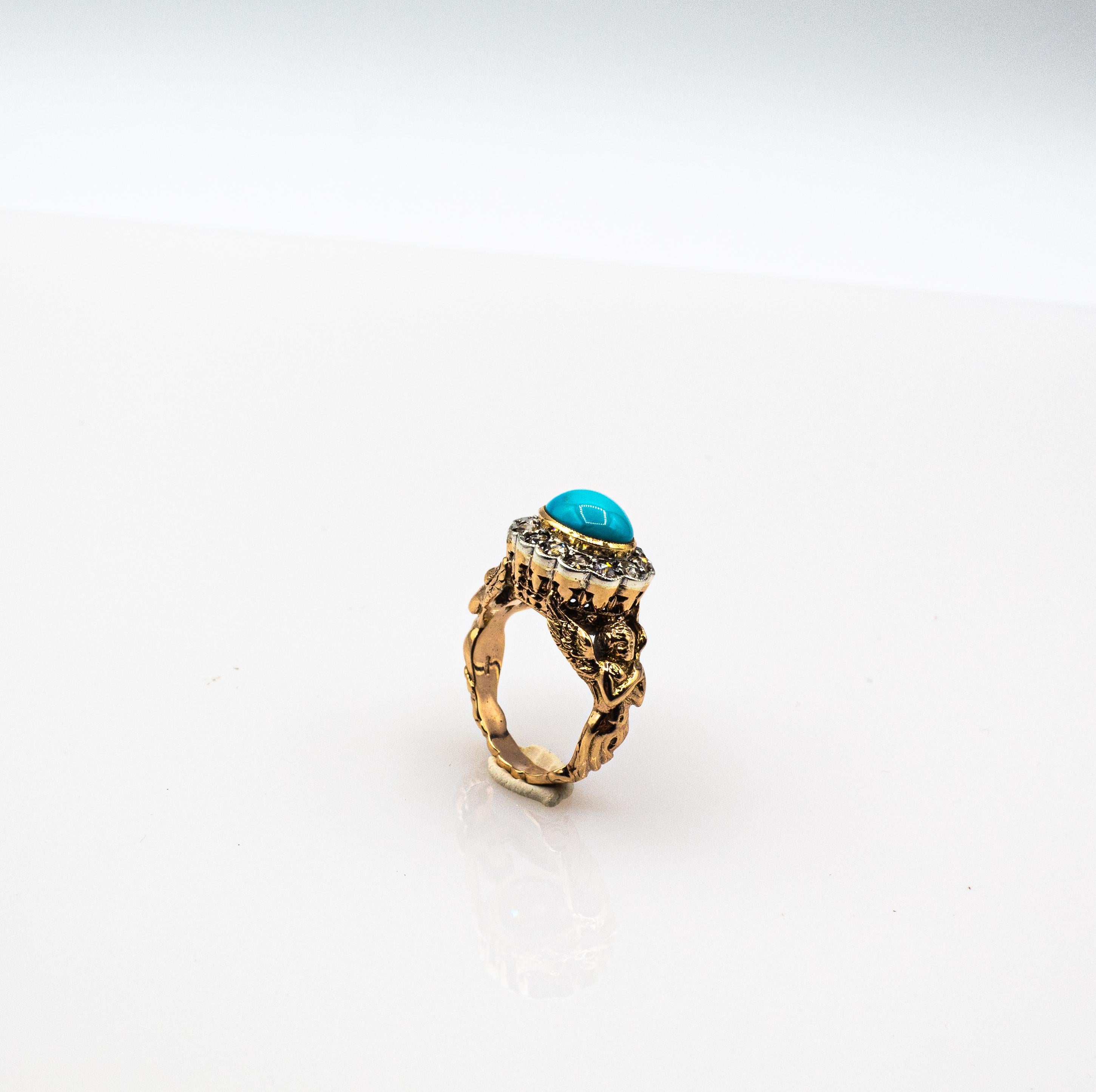 Art Nouveau Style White Diamond Cabochon Cut Turquoise Yellow Gold Cocktail Ring For Sale 7