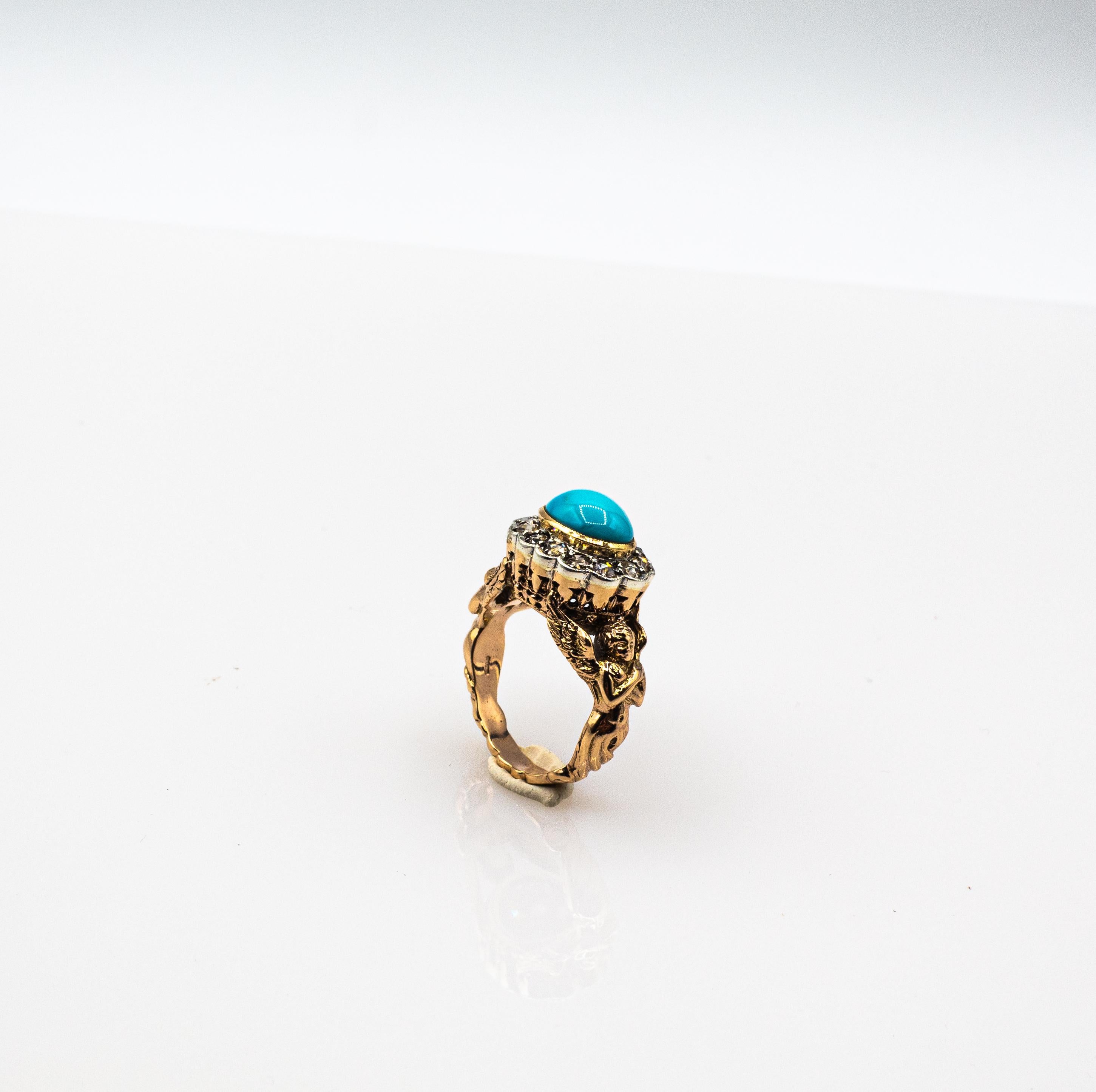 Bague de cocktail en or jaune, diamant blanc, taille cabochon, turquoise, style Art Nouveau en vente 6