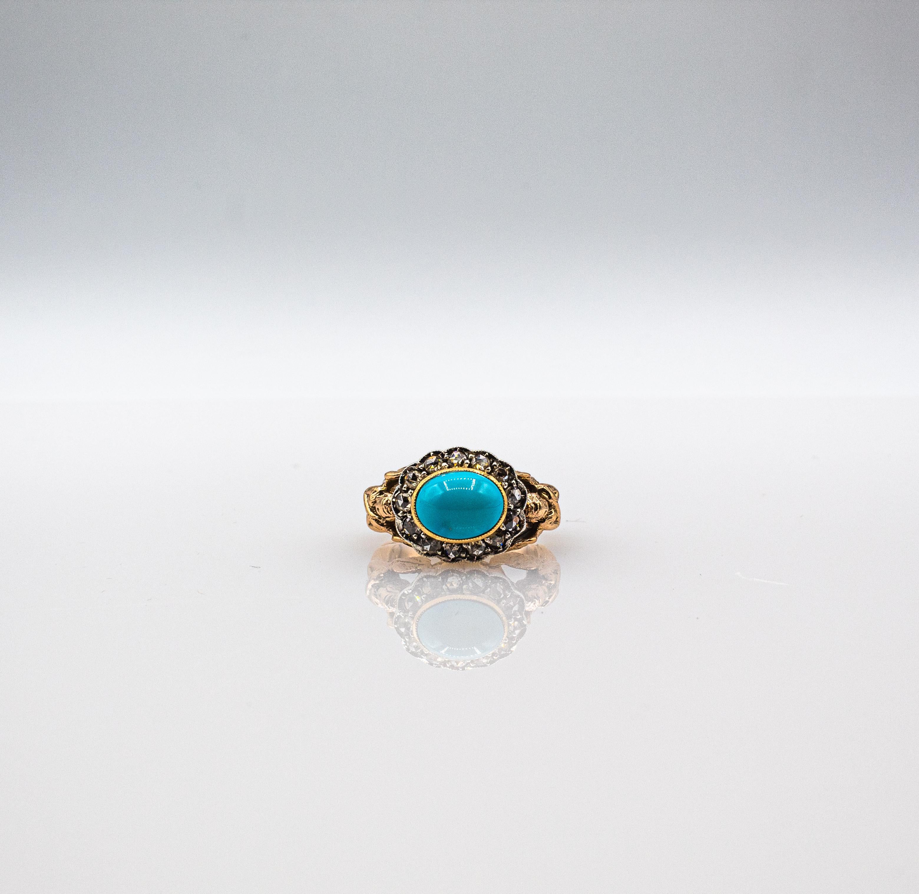Art Nouveau Style White Diamond Cabochon Cut Turquoise Yellow Gold Cocktail Ring For Sale 8