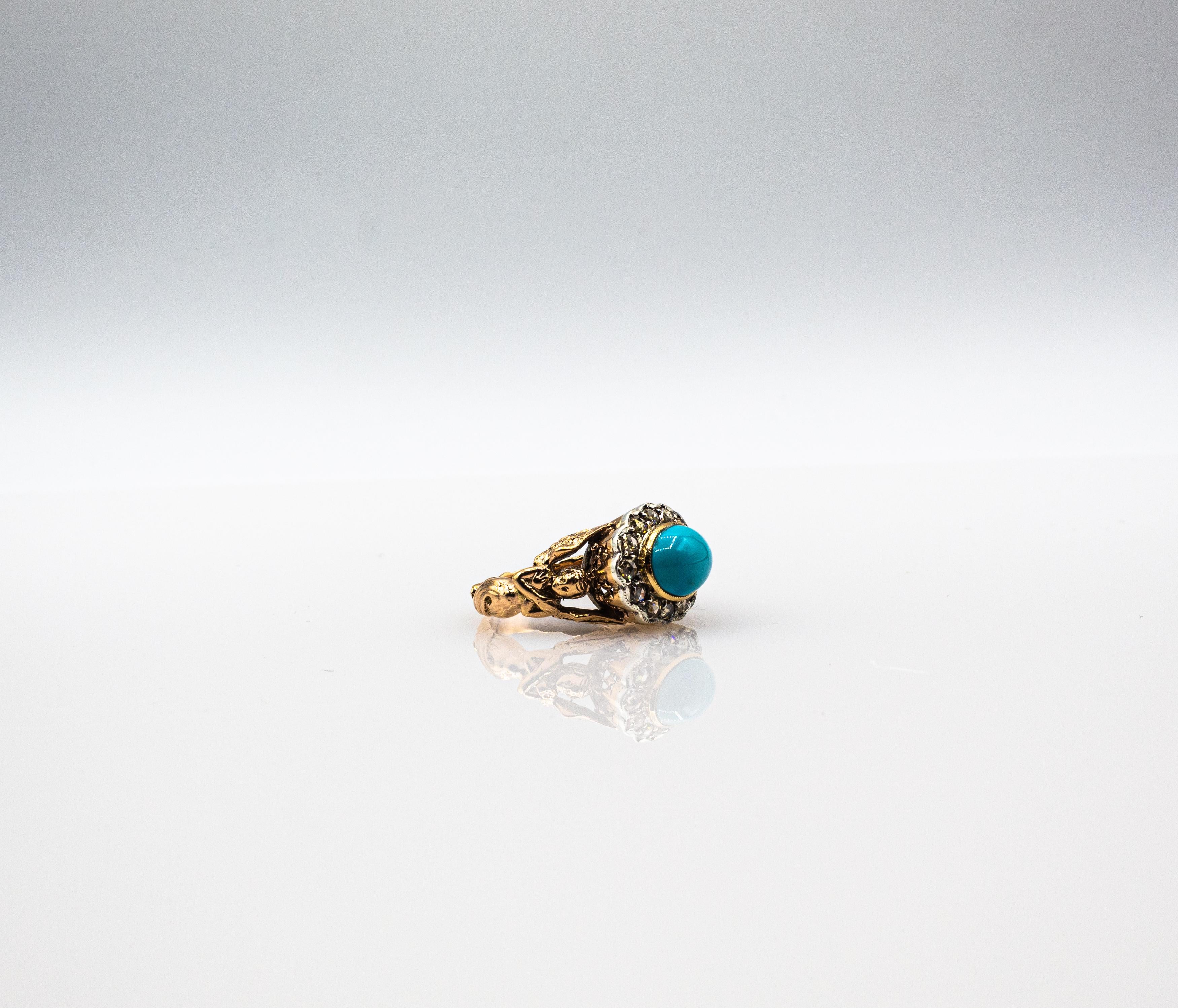Art Nouveau Style White Diamond Cabochon Cut Turquoise Yellow Gold Cocktail Ring For Sale 9