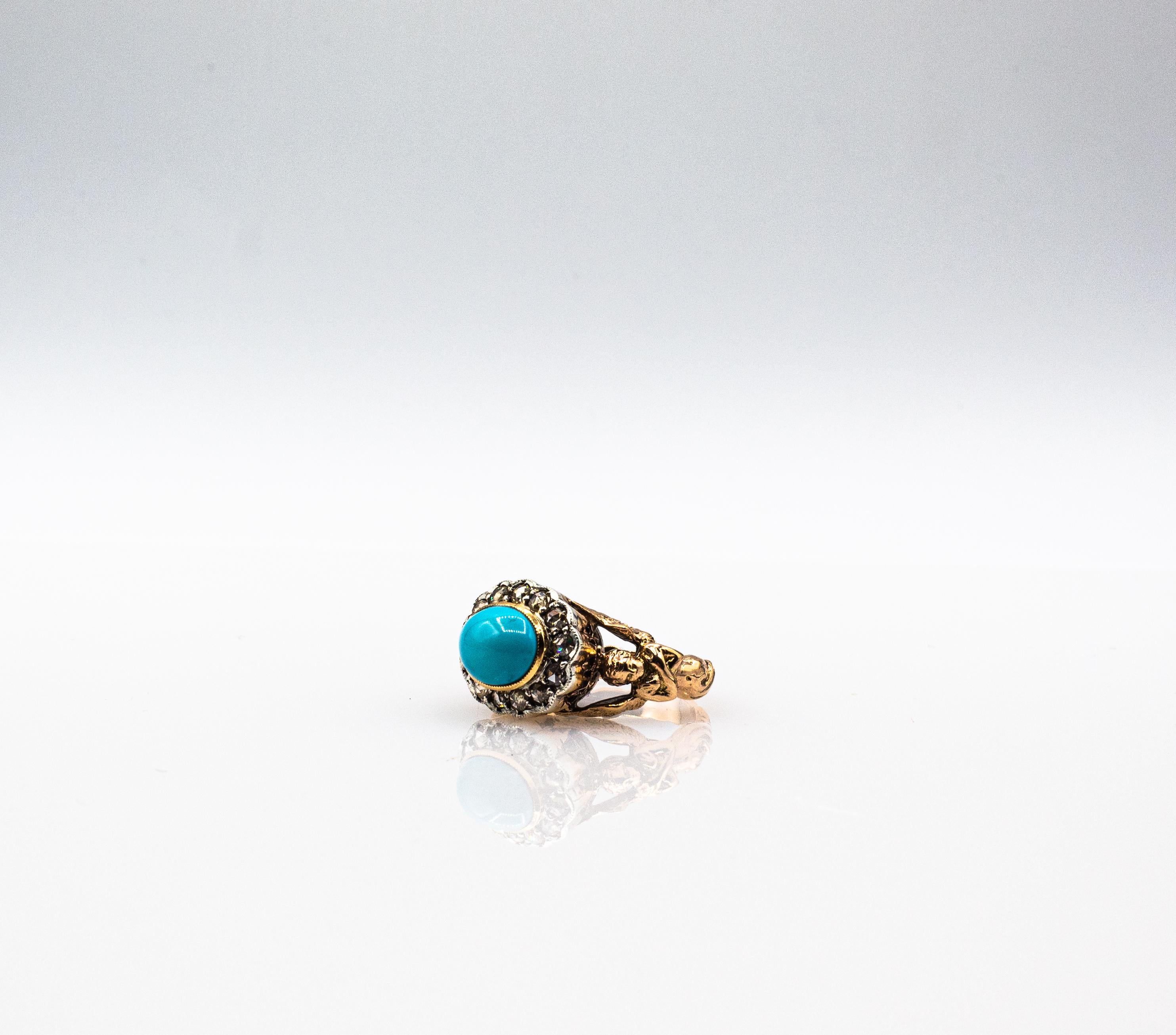 Art Nouveau Style White Diamond Cabochon Cut Turquoise Yellow Gold Cocktail Ring For Sale 11