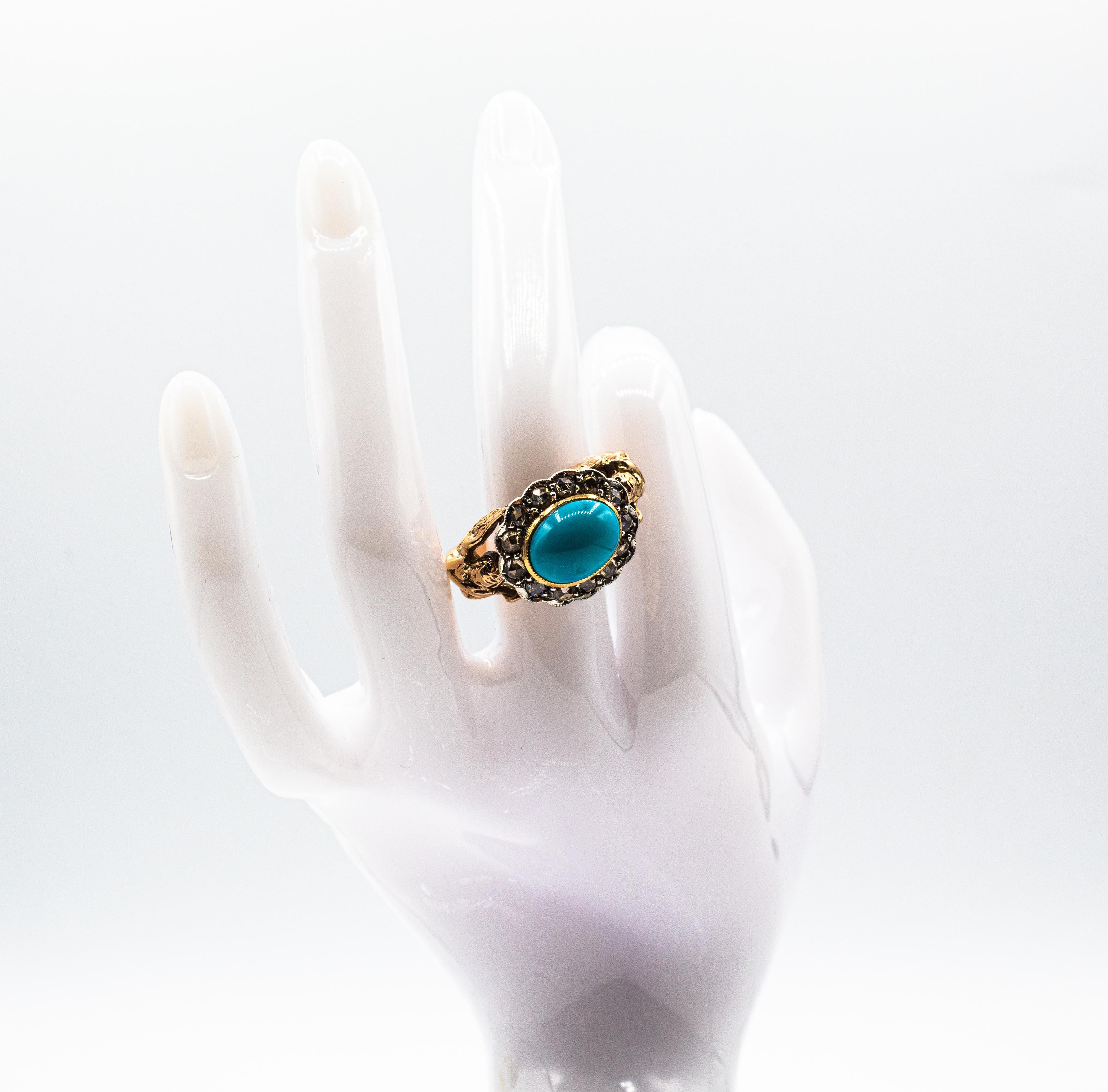 Art Nouveau Style White Diamond Cabochon Cut Turquoise Yellow Gold Cocktail Ring For Sale 12