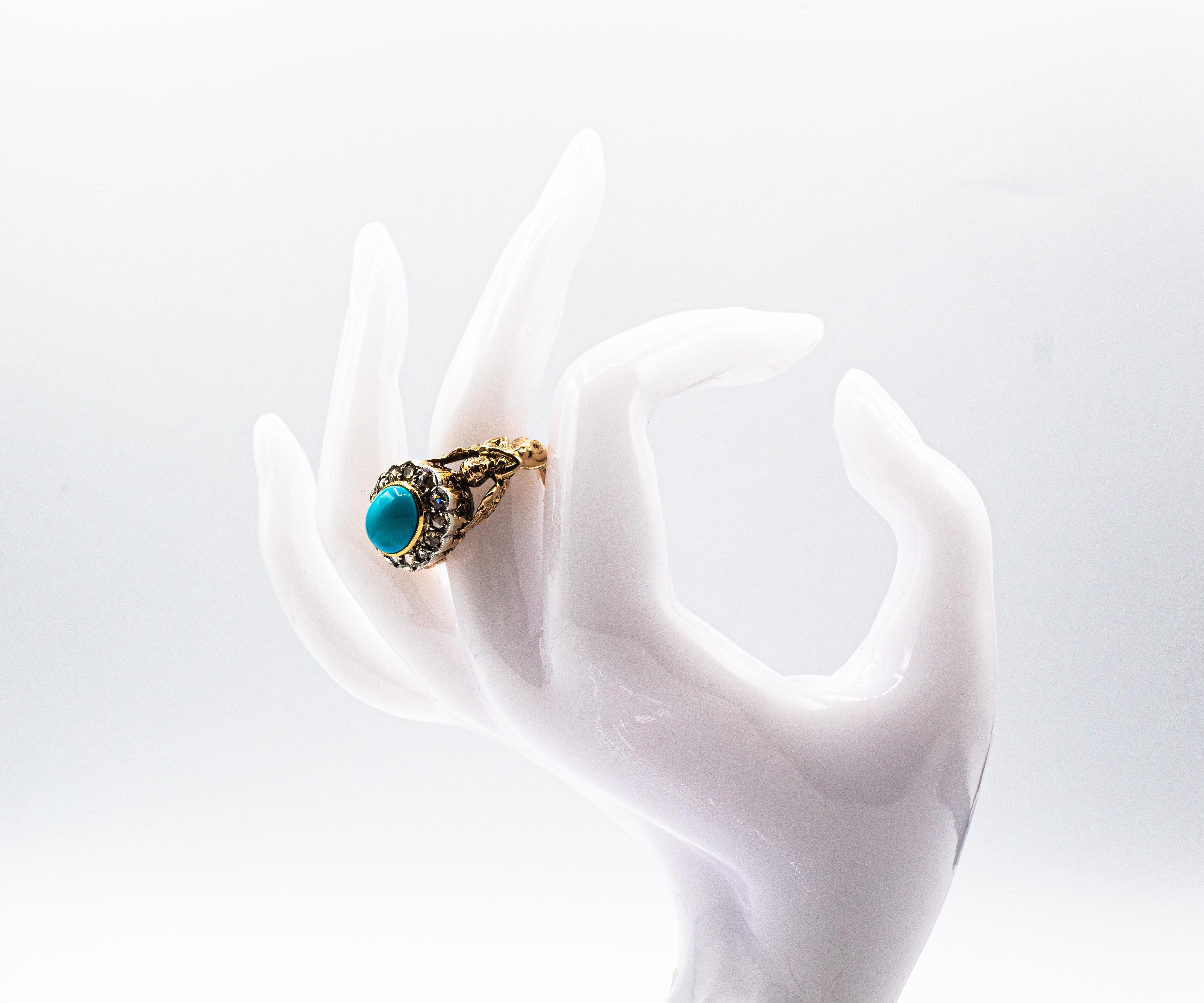 Art Nouveau Style White Diamond Cabochon Cut Turquoise Yellow Gold Cocktail Ring For Sale 13