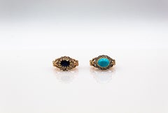 Art Nouveau Style White Diamond Cabochon Cut Turquoise Yellow Gold Cocktail Ring