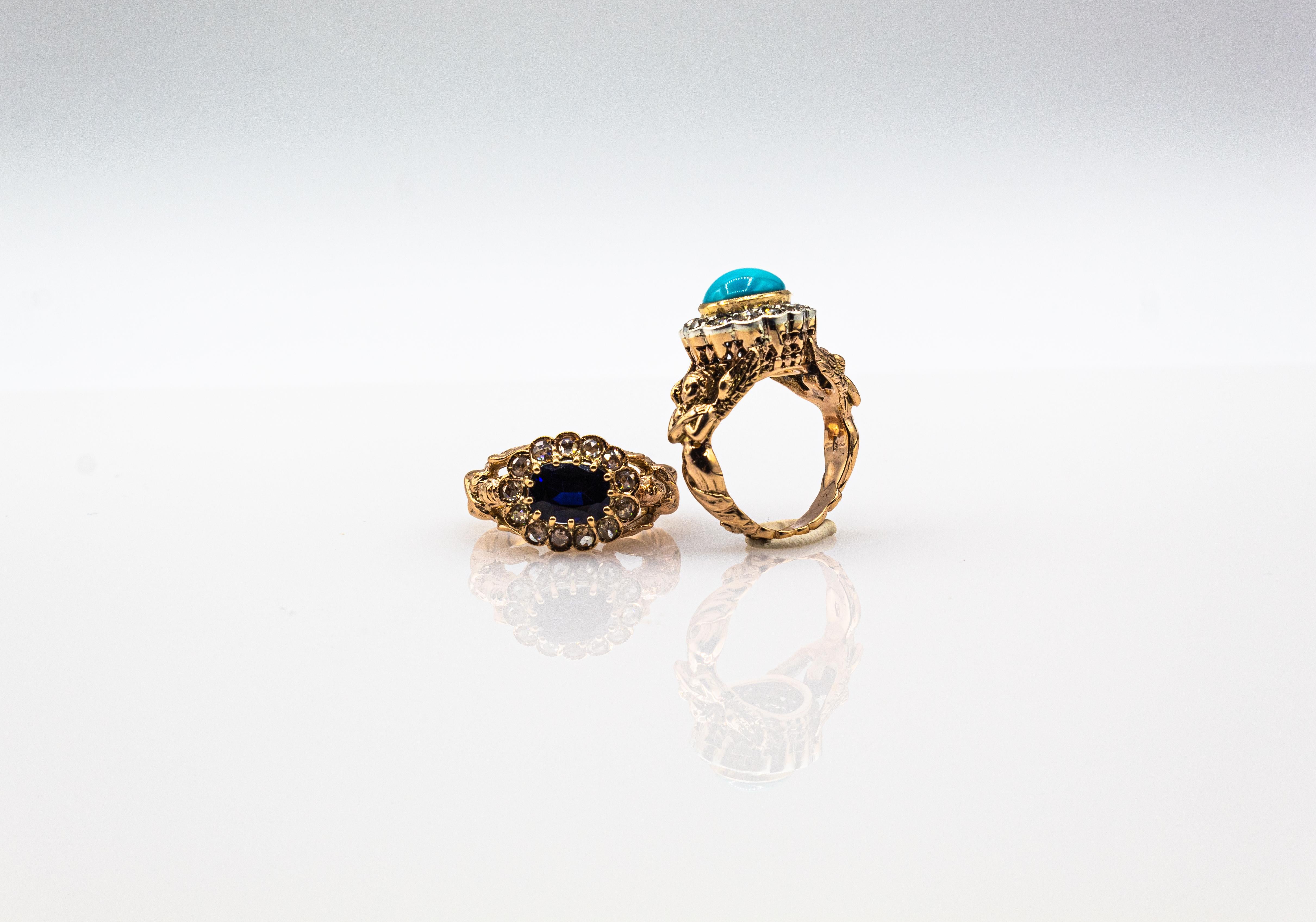 Art nouveau Bague de cocktail en or jaune, diamant blanc, taille cabochon, turquoise, style Art Nouveau en vente