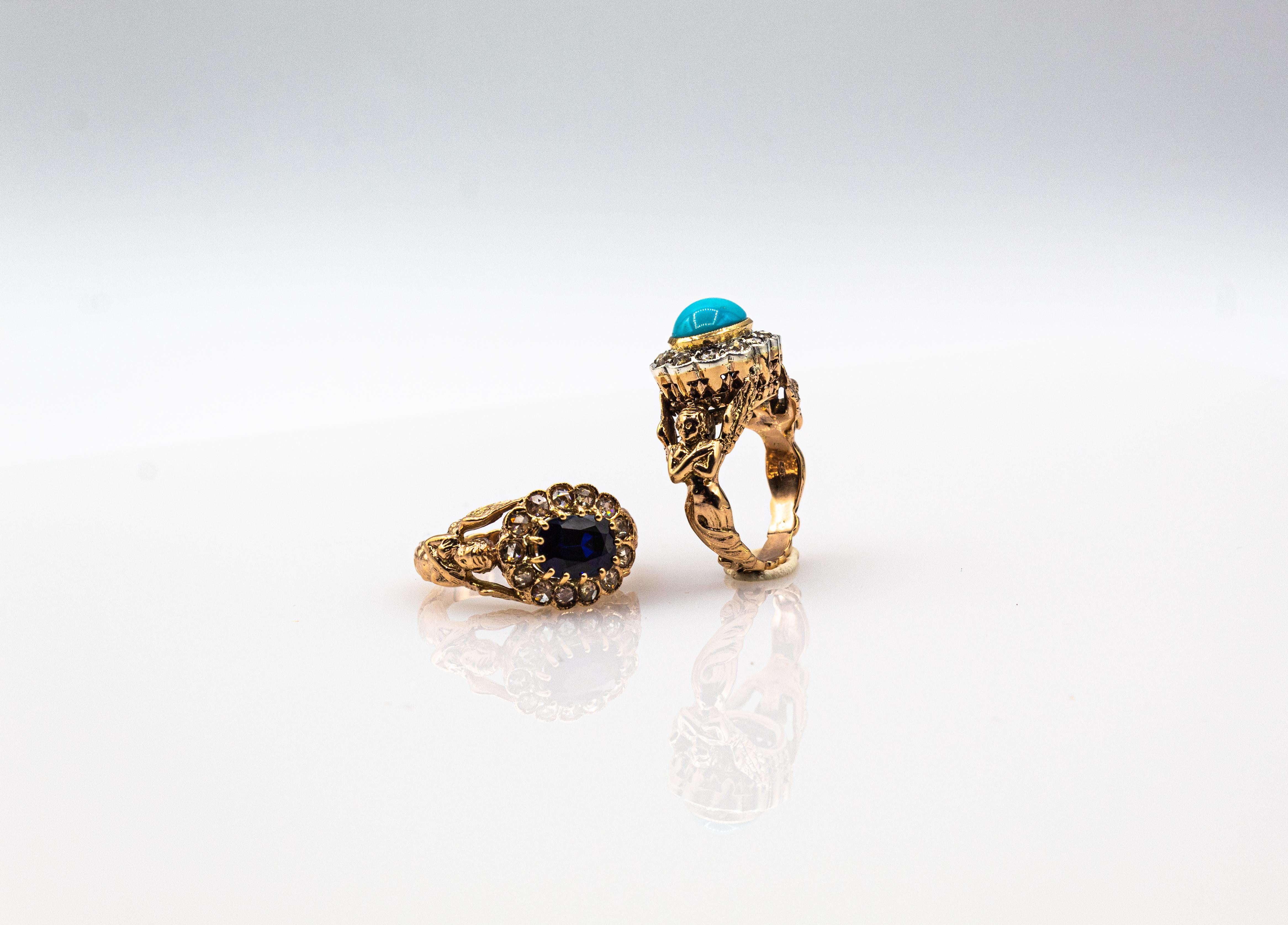 Taille rose Bague de cocktail en or jaune, diamant blanc, taille cabochon, turquoise, style Art Nouveau en vente