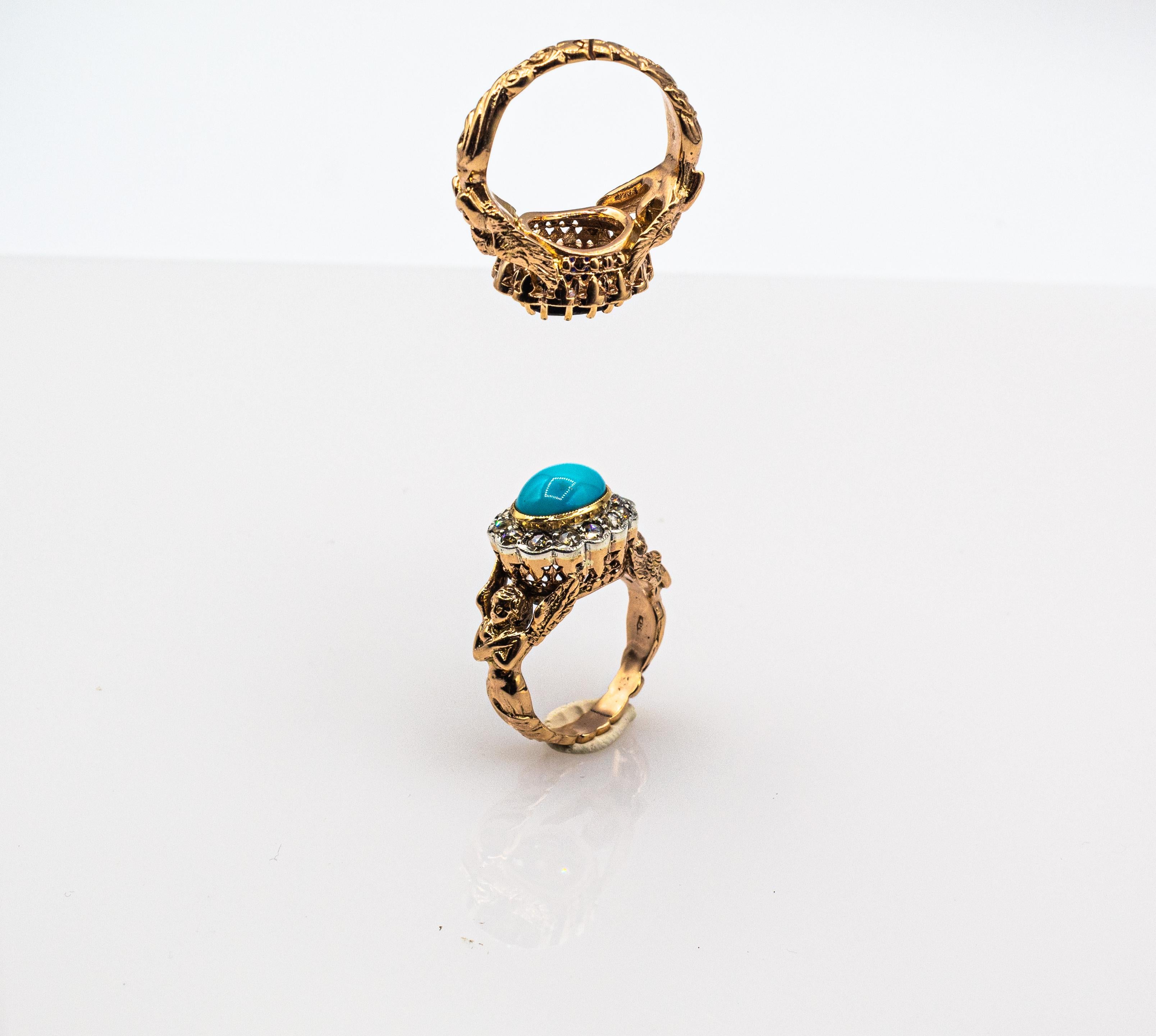 Women's or Men's Art Nouveau Style White Diamond Cabochon Cut Turquoise Yellow Gold Cocktail Ring For Sale