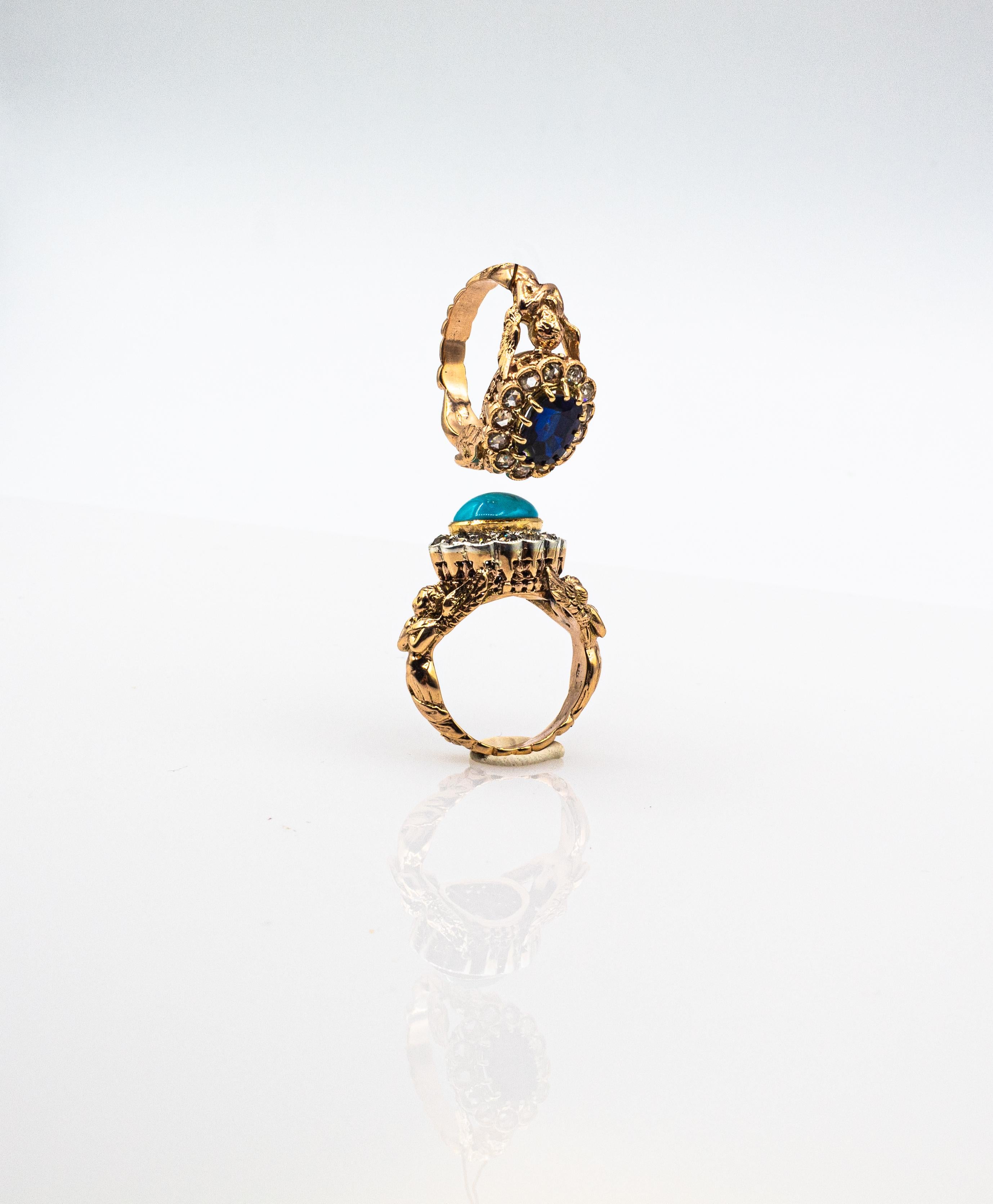 Art Nouveau Style White Diamond Cabochon Cut Turquoise Yellow Gold Cocktail Ring For Sale 1