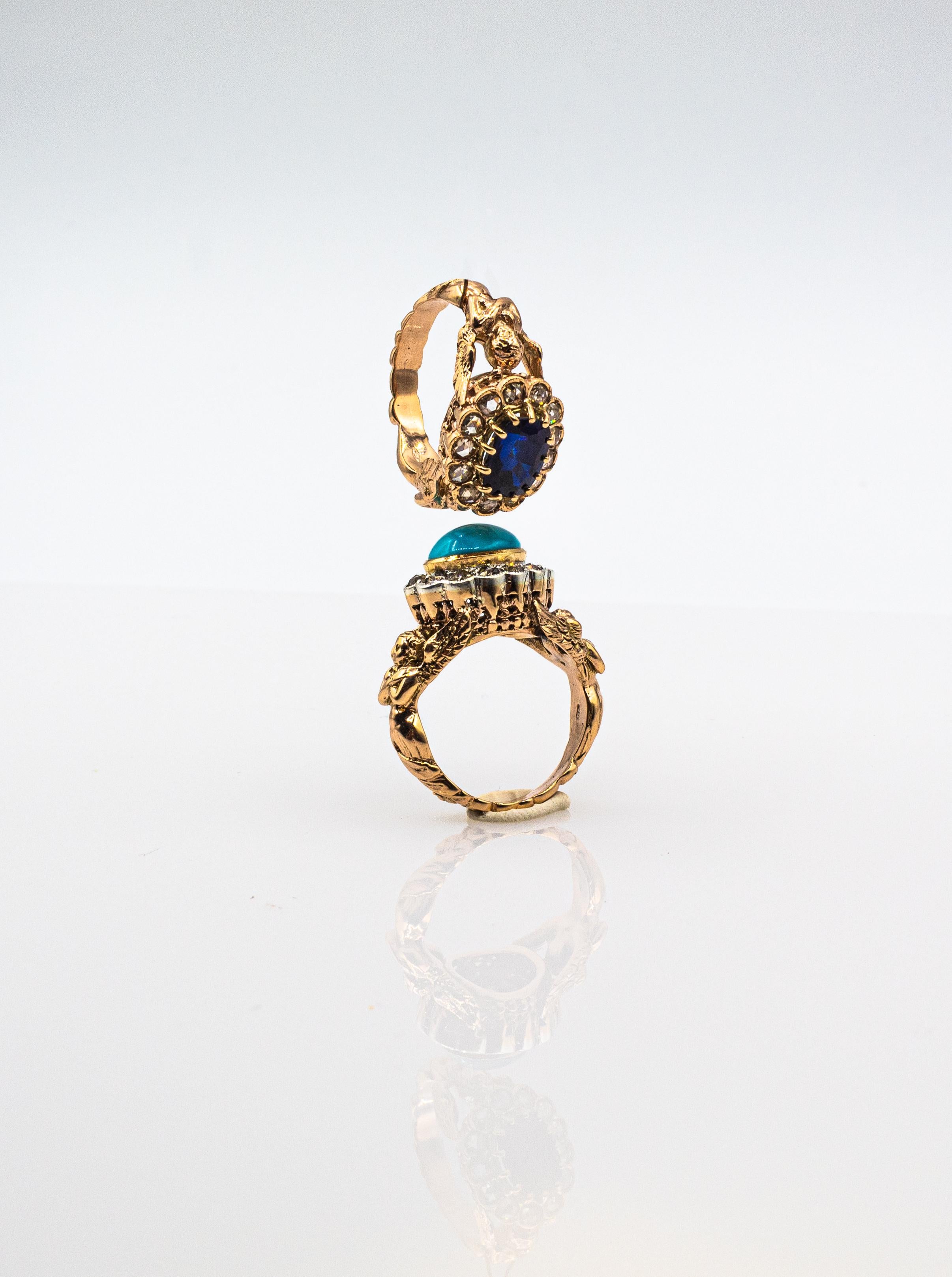 Art Nouveau Style White Diamond Cabochon Cut Turquoise Yellow Gold Cocktail Ring For Sale 2