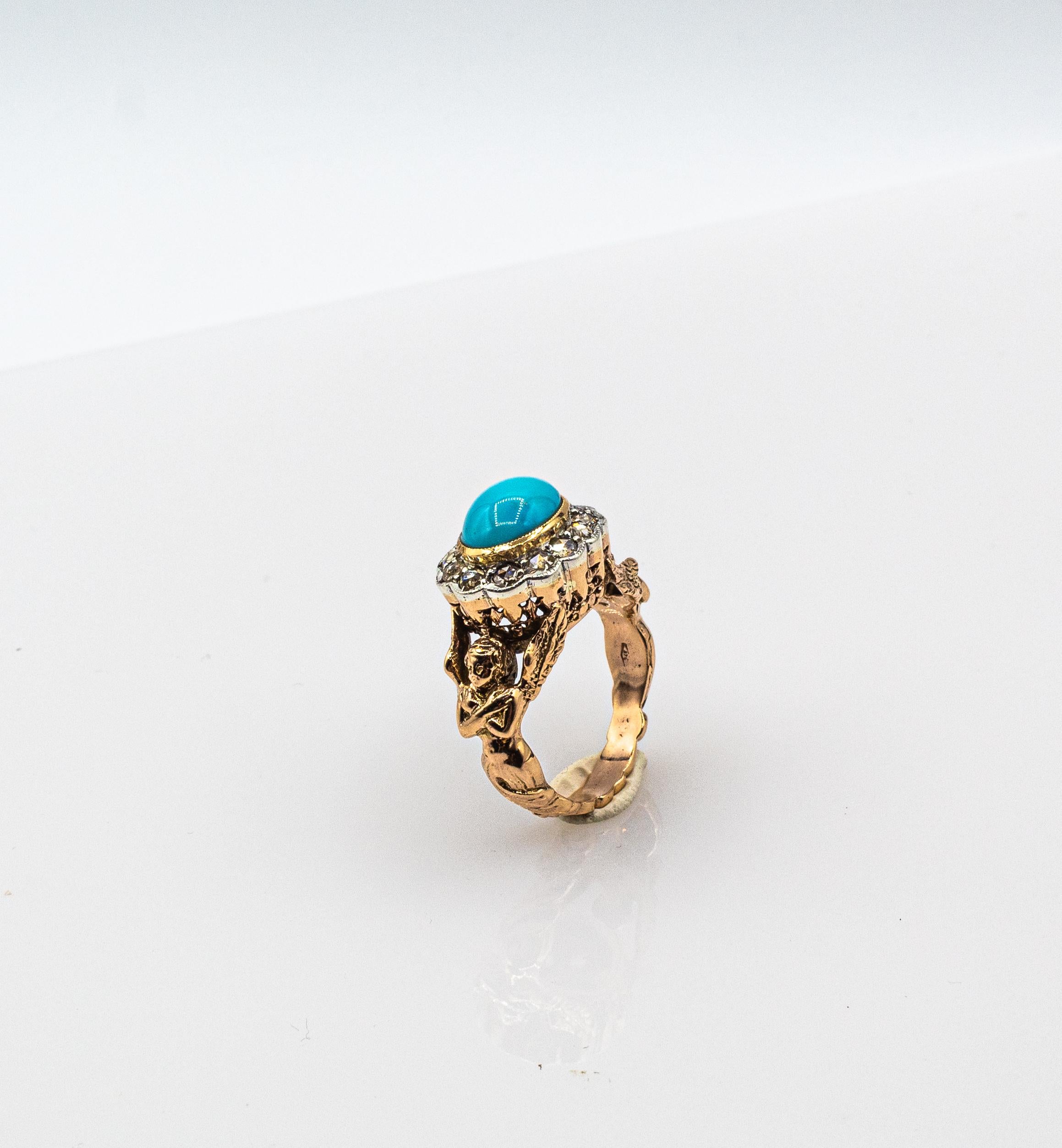 Art Nouveau Style White Diamond Cabochon Cut Turquoise Yellow Gold Cocktail Ring For Sale 3